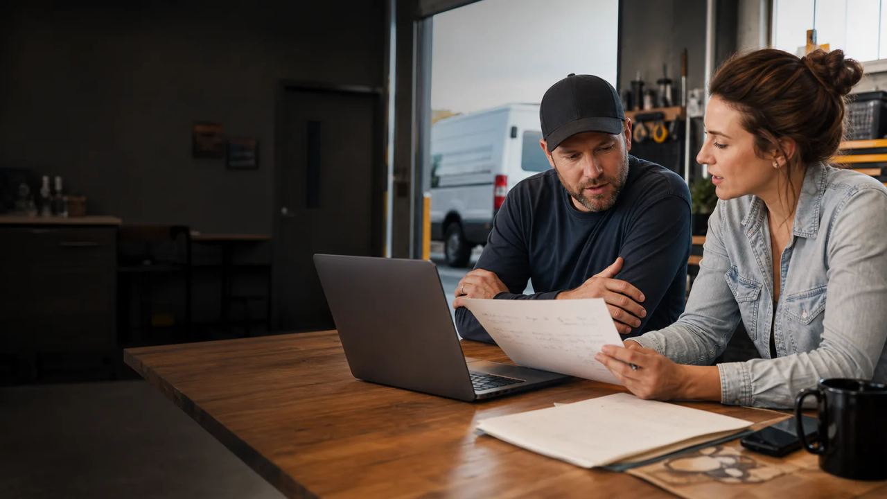 Small-business owner and marketing strategist reviewing customer growth activity