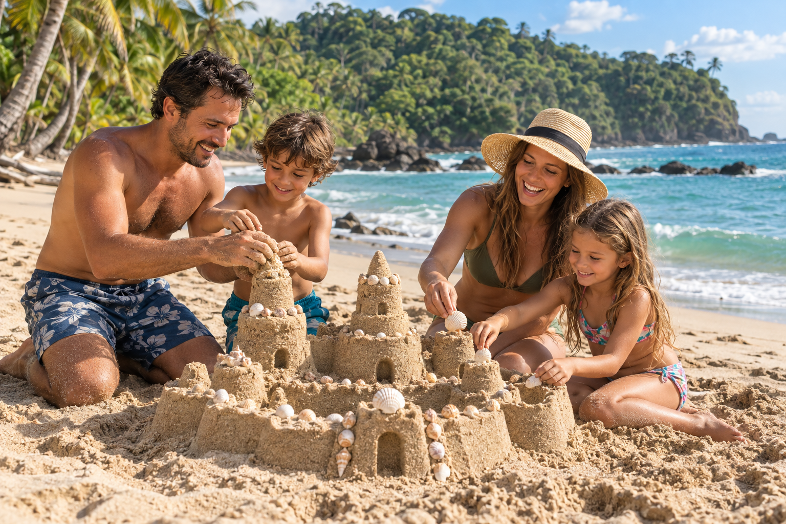 Parents and two children happily building a sandcastle on a Costa Rican beach