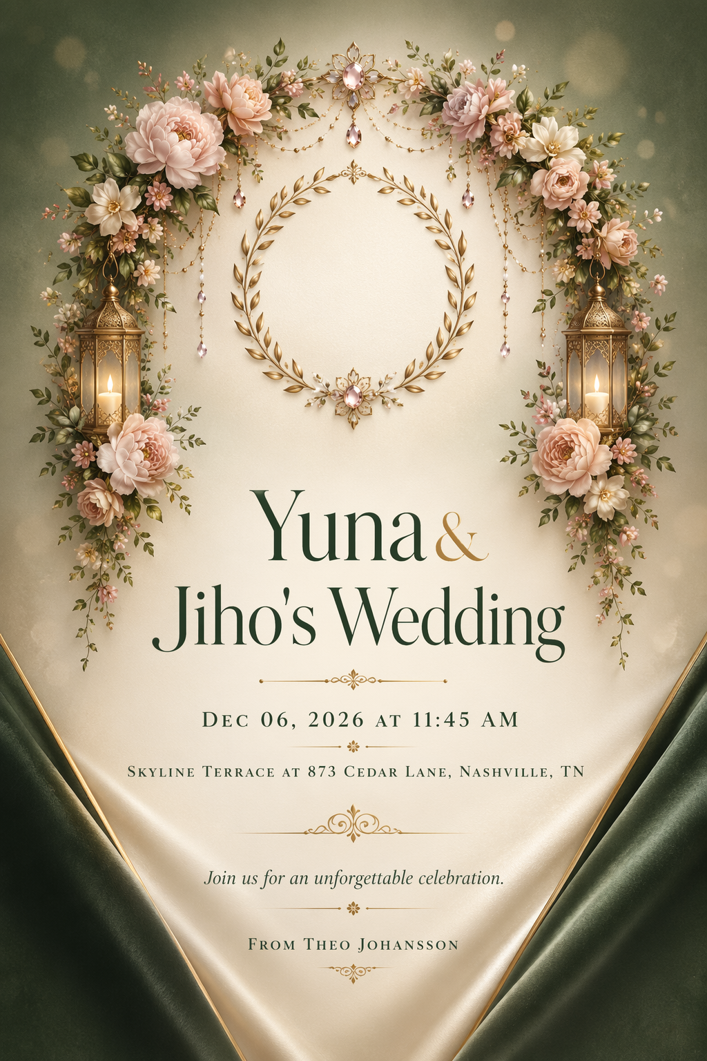Elegant garden-inspired wedding invitation with clear event details.