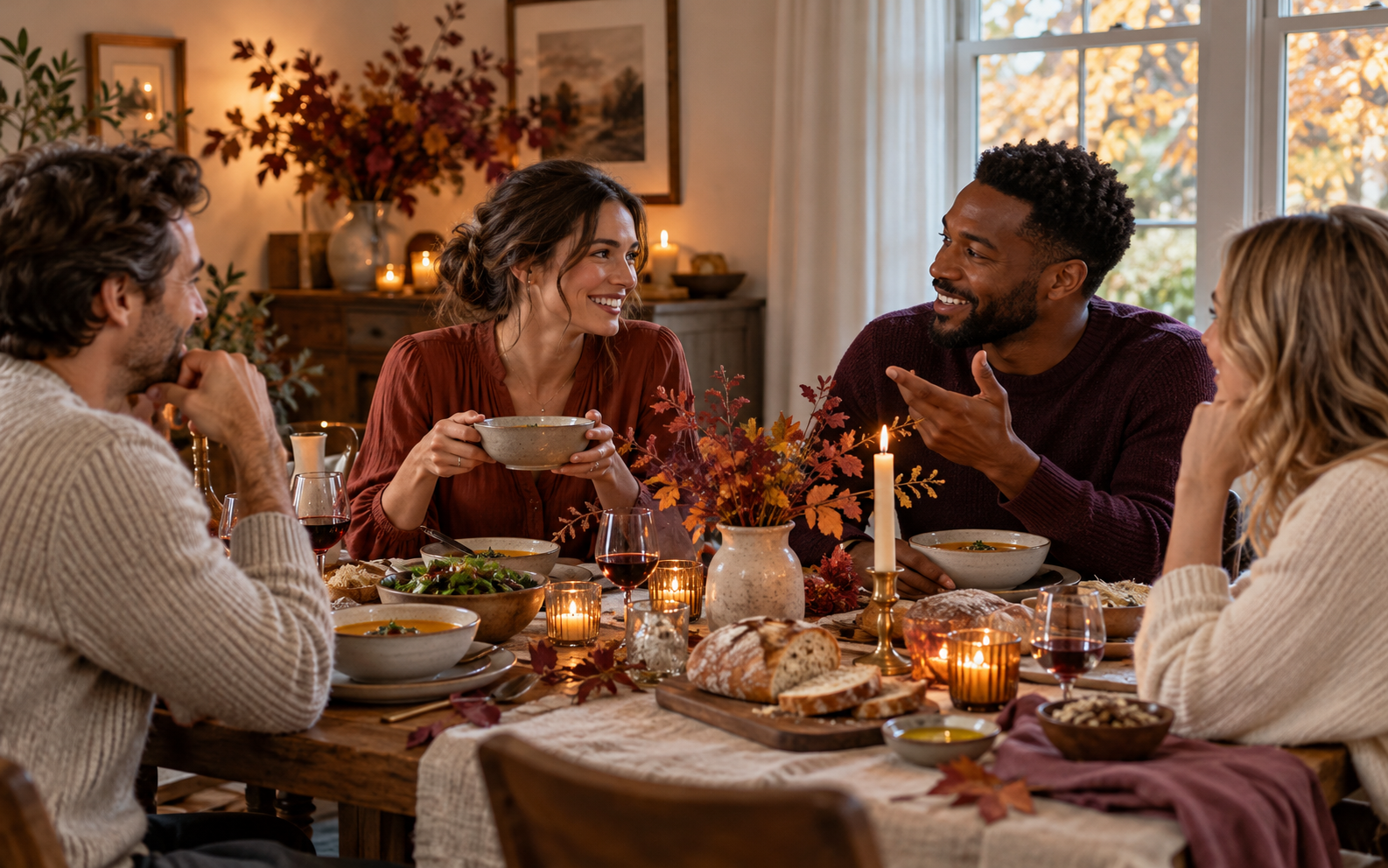 Friends sharing a relaxed fall supper around a warmly set dining table.