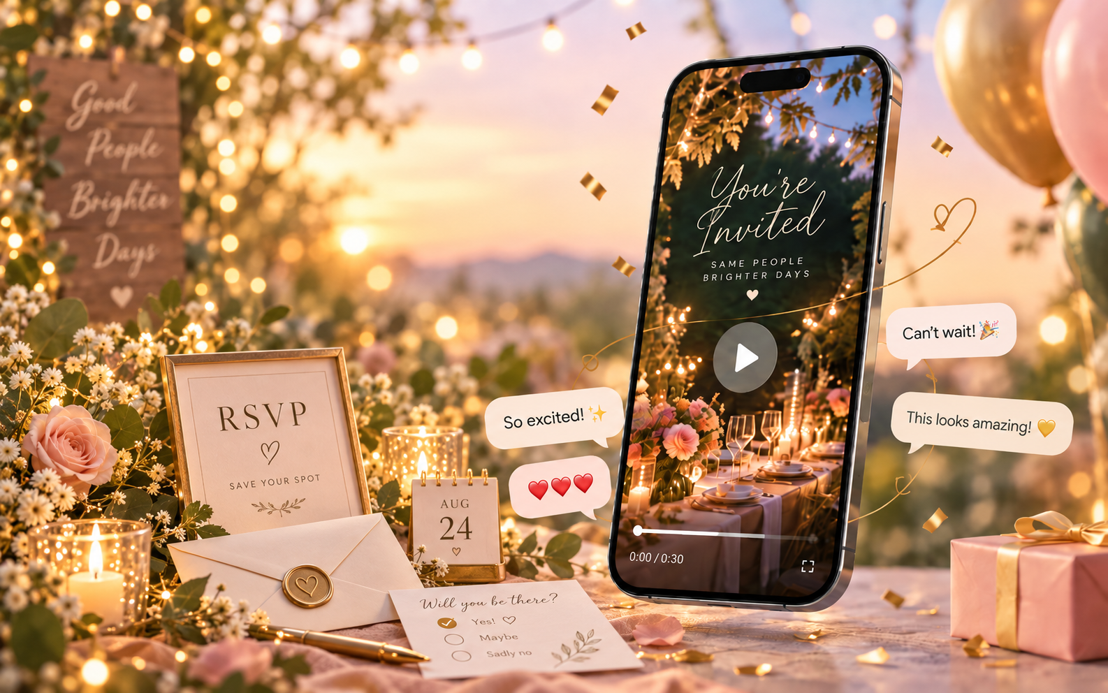 Smartphone displaying a video invitation beside RSVP cards, flowers, candles, and festive party decorations.