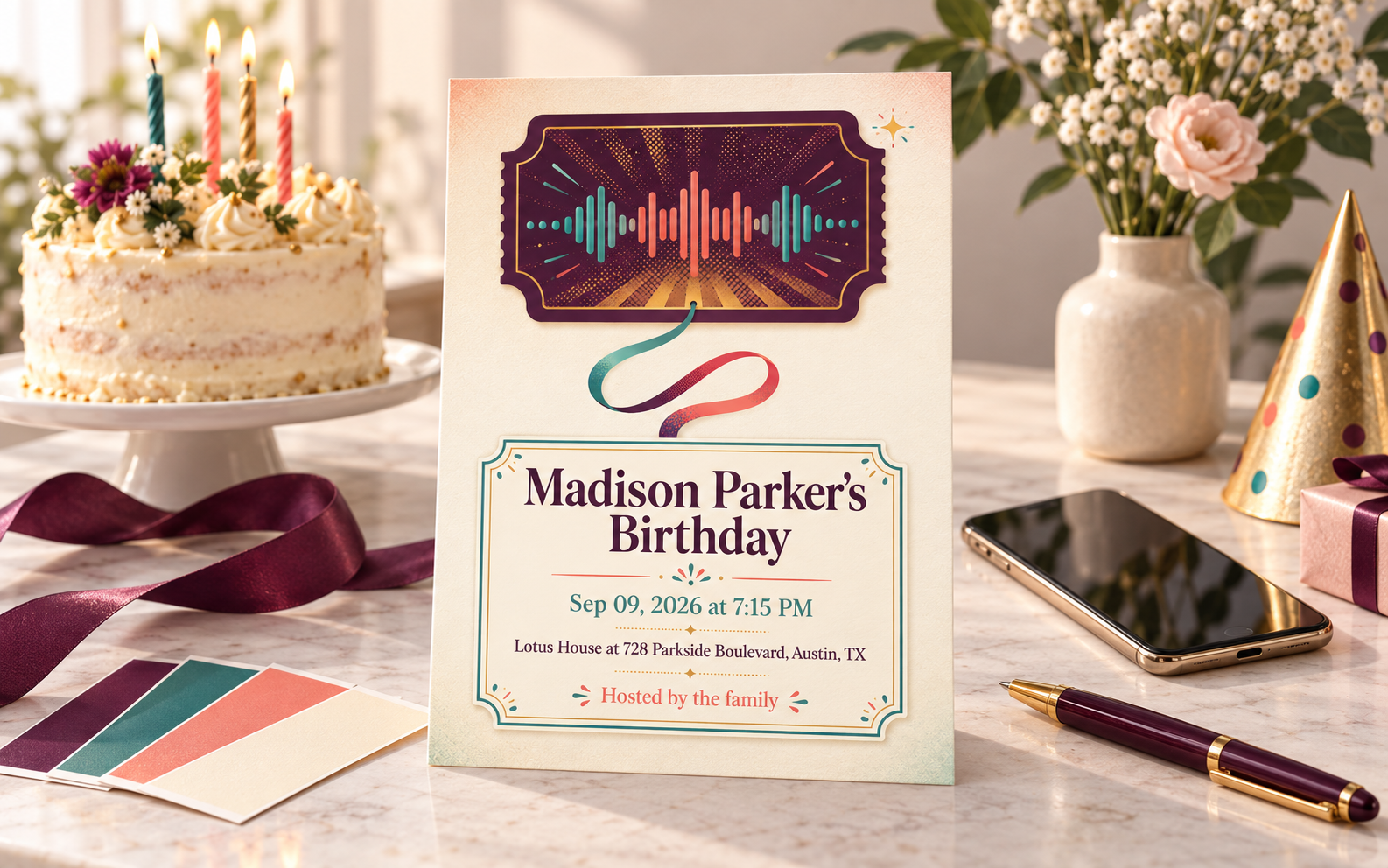 A Pixivite birthday invitation displayed on a celebration-planning table with a phone, color swatches, and birthday details.