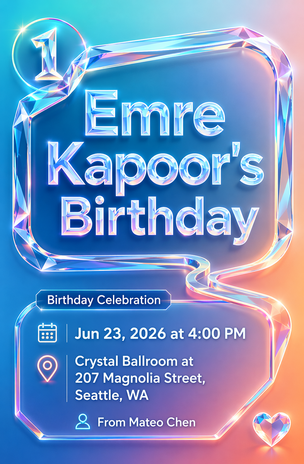 Pixivite glass-style first birthday invitation with colorful details and event information.