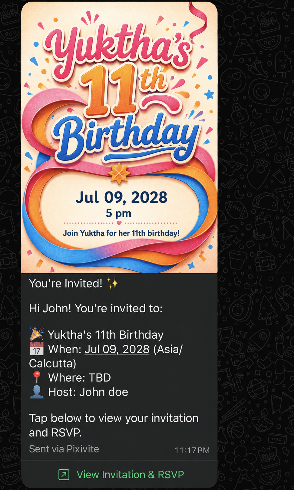 A Pixivite invitation delivered through WhatsApp with event artwork, details, and an RSVP link.