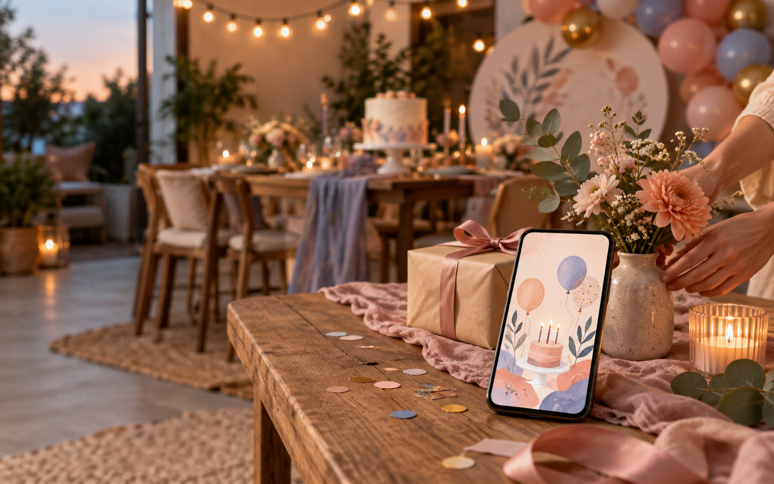 A phone displaying a personalized AI invitation beside a bright creative workspace