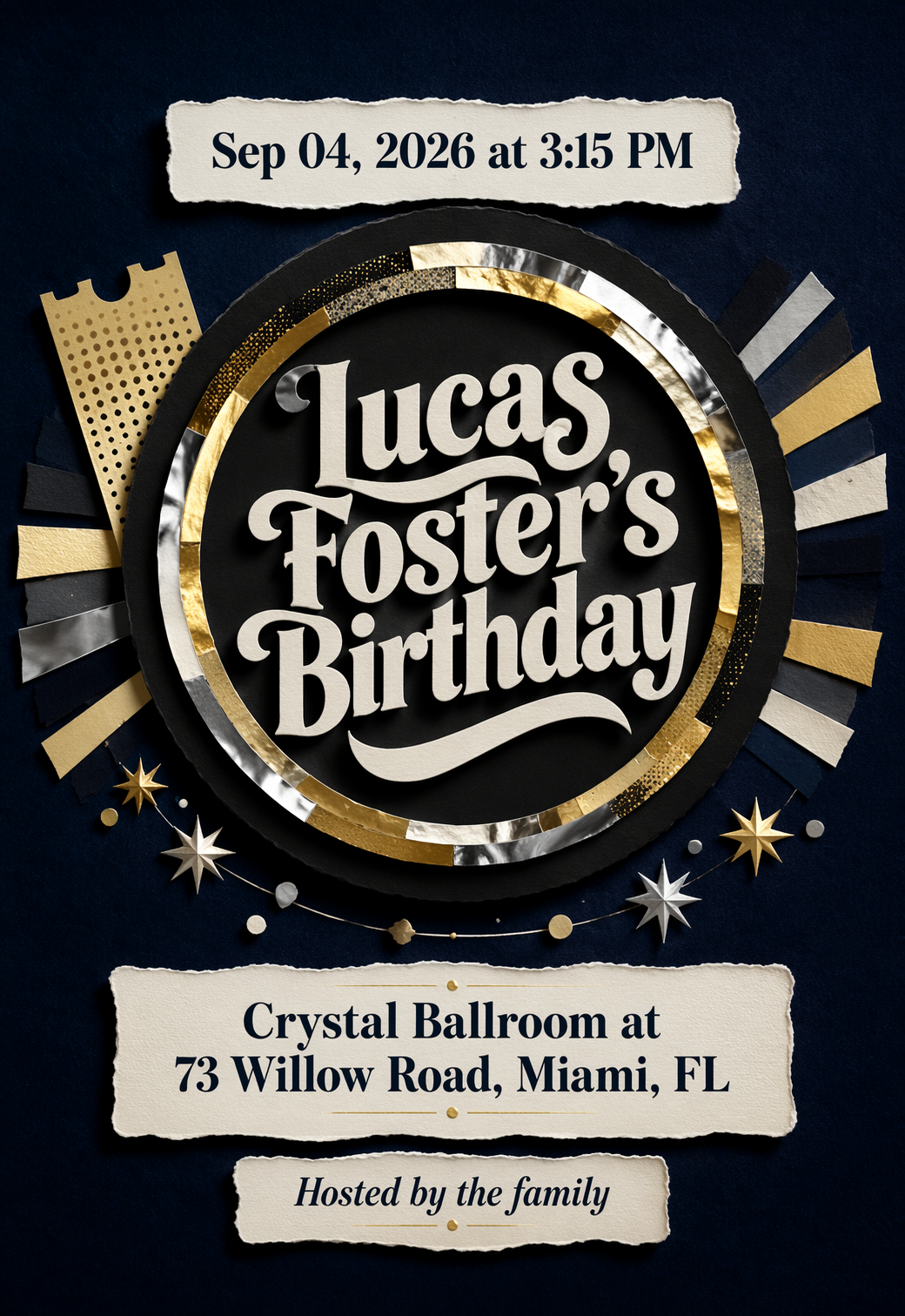 A retro disco birthday invitation with a bold black, gold, and silver design