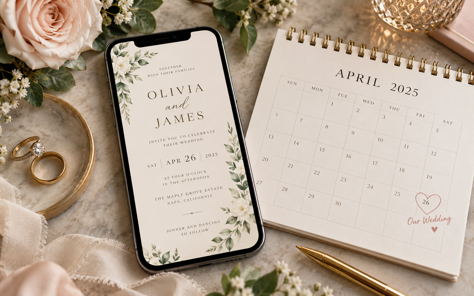 An elegant digital wedding invitation displayed on a phone beside a paper calendar.