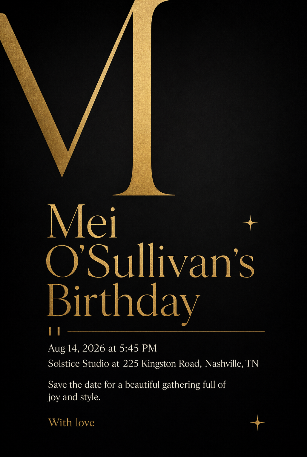 Pixivite black and gold milestone birthday invitation with elegant typography.