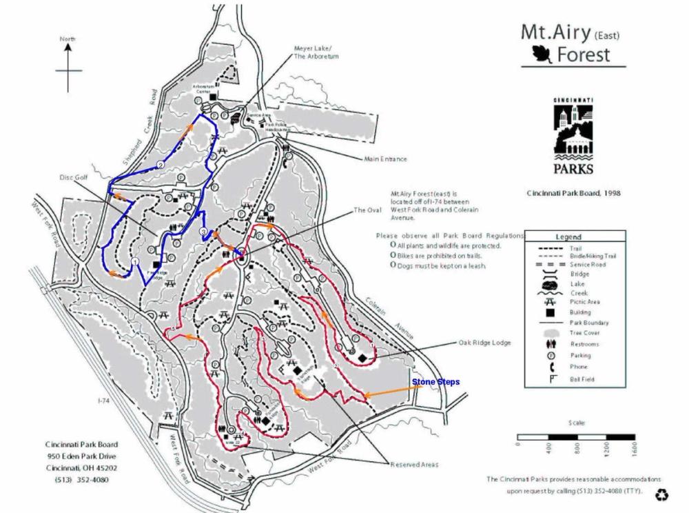 Cincinnati Parks trail map of Mt. Airy Forest showing the loop network