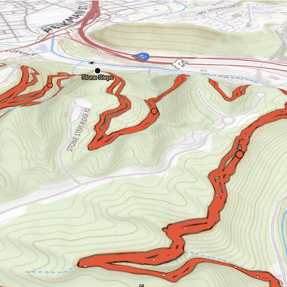 The Stone Steps course drawn on a USGS topographic map of Mt. Airy Forest, the contour lines showing the ridge its switchbacks climb.
