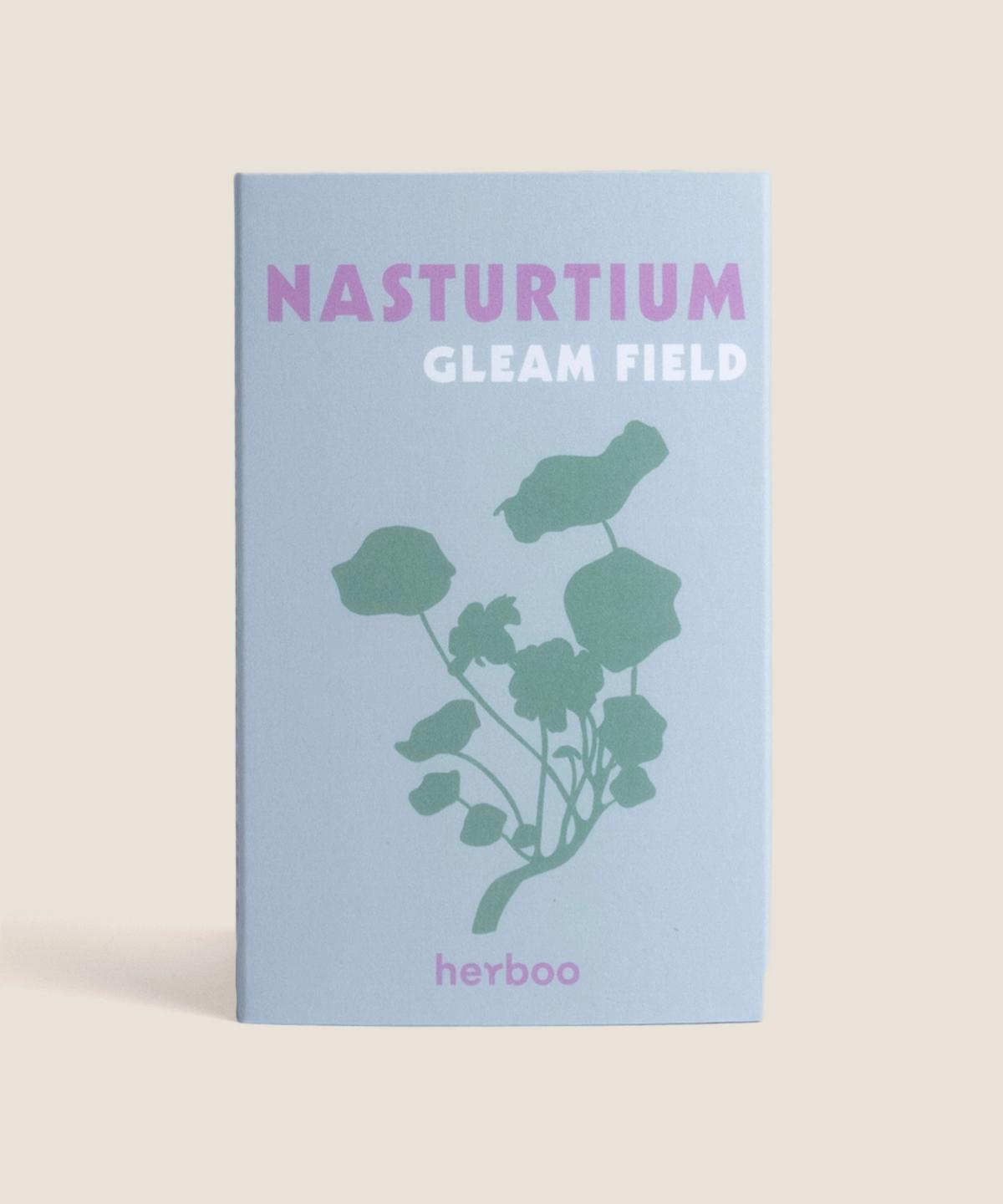 Herboo Tropaeolum majus ‘Gleam Fields’ seed packet showing bright trailing nasturtium illustration with edible leaves and flowers.