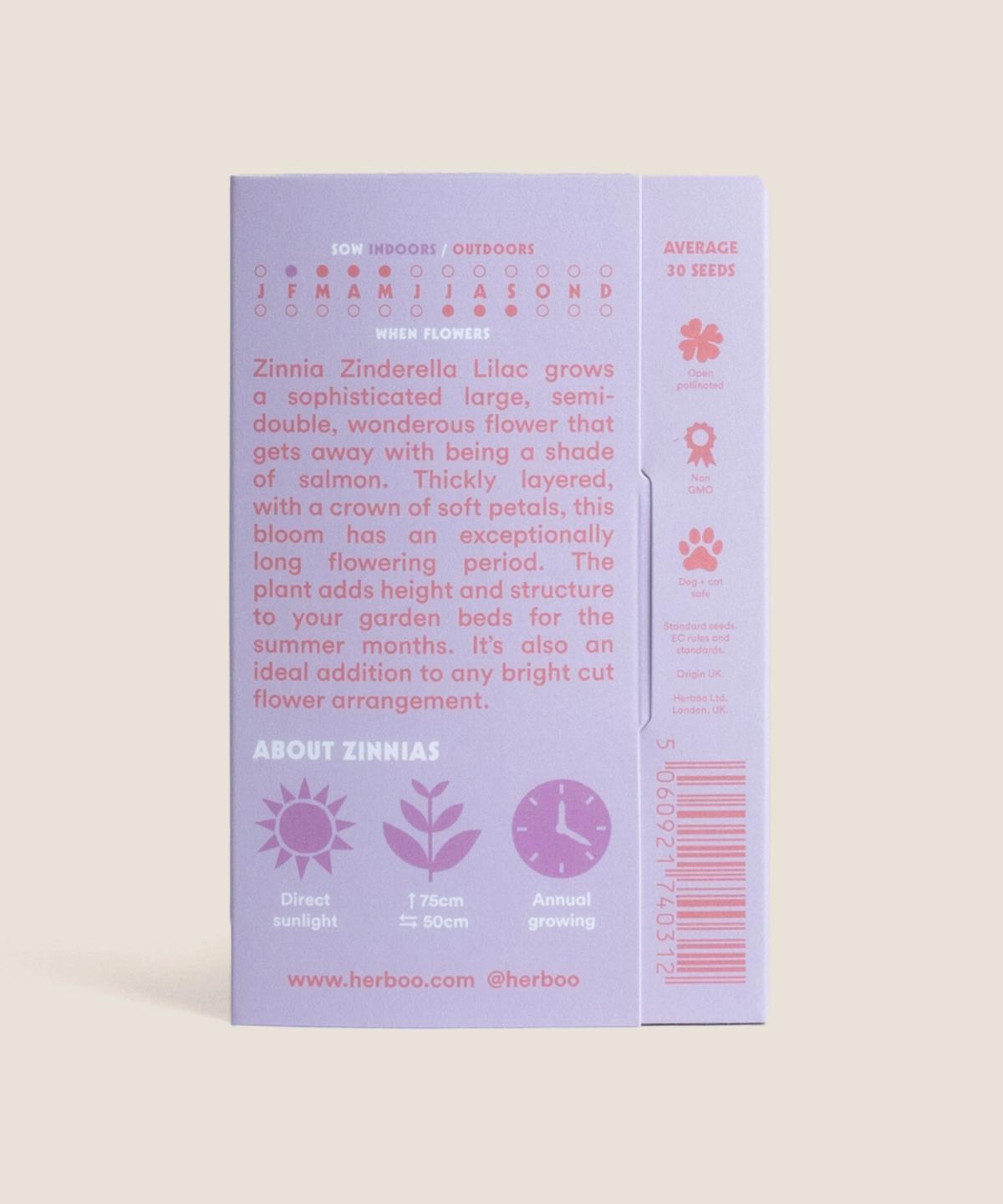 Back of Herboo Zinnia ‘Zinderella Lilac’ seed packet displaying sowing and growing instructions for this cut-flower zinnia variety.