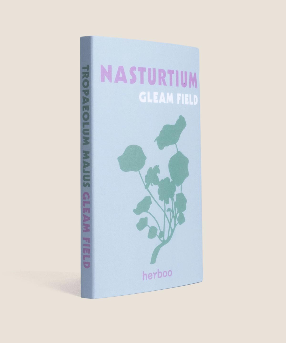 Side profile of Herboo Nasturtium ‘Gleam Fields’ seed packet showing packet thickness and edge artwork.