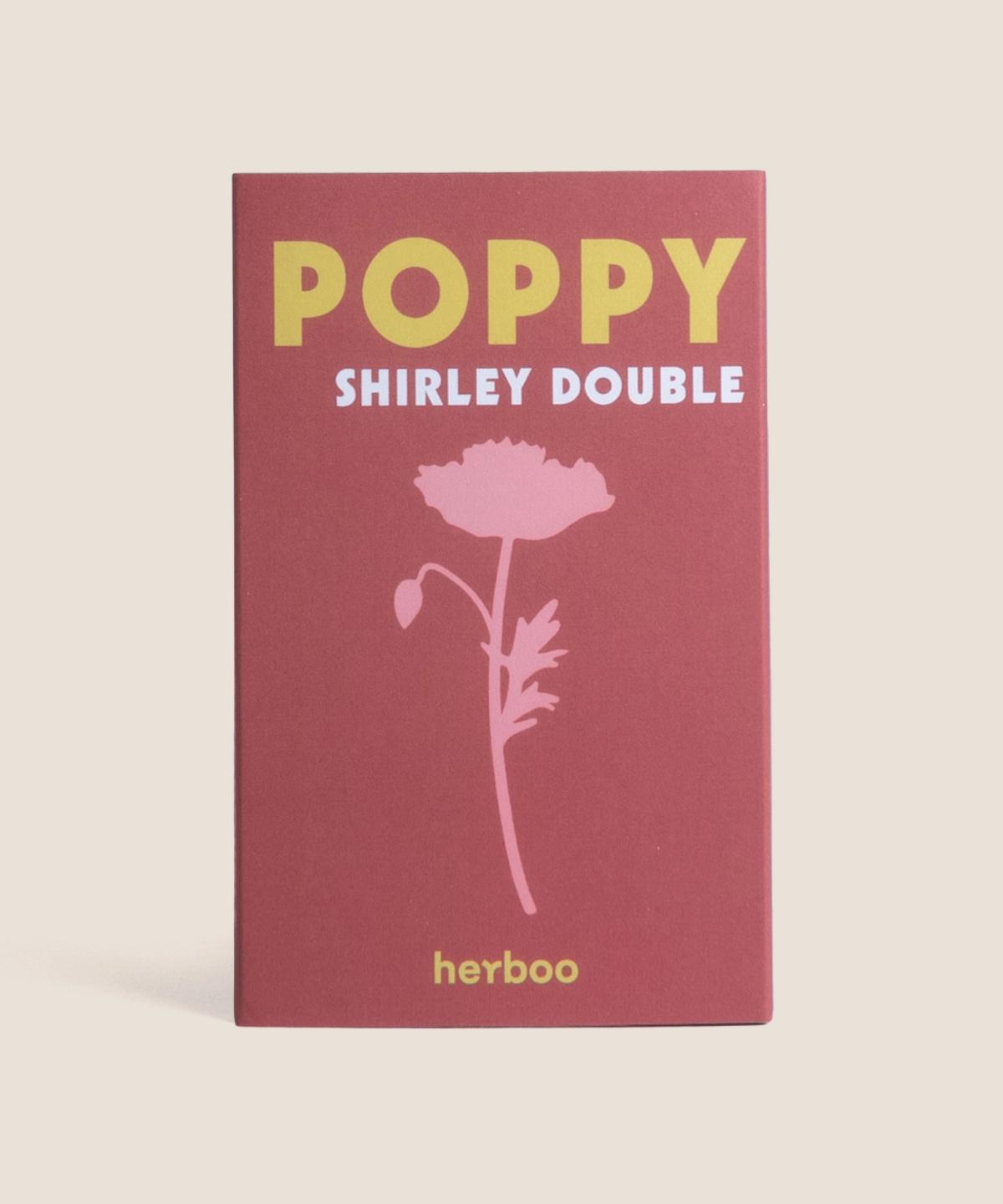 Herboo Poppy ‘Shirley Double’ seed packet with illustrated double-petalled poppy design on a plain background.