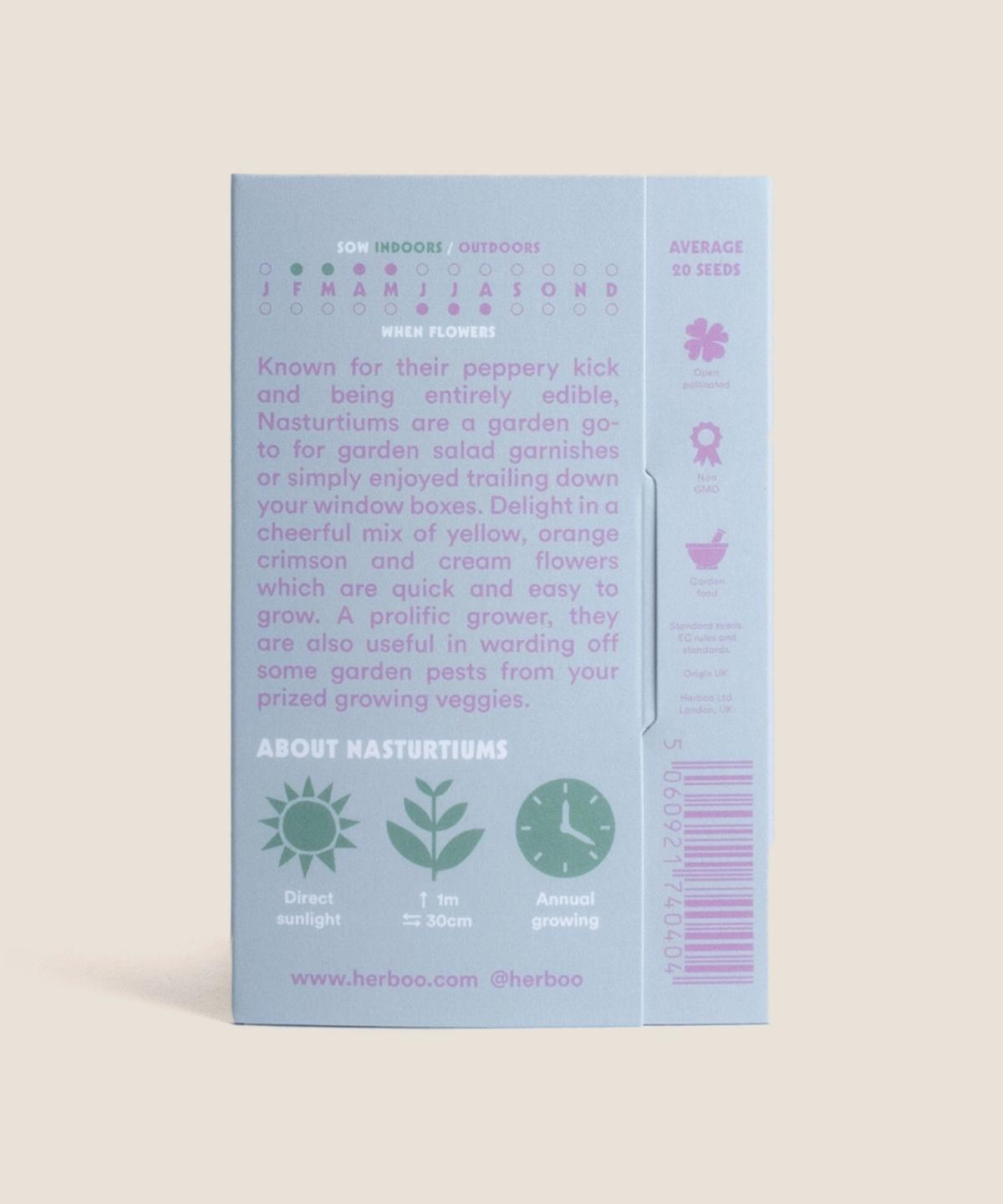 Back of Herboo Nasturtium ‘Gleam Fields’ seed packet showing sowing, growing and aftercare instructions.