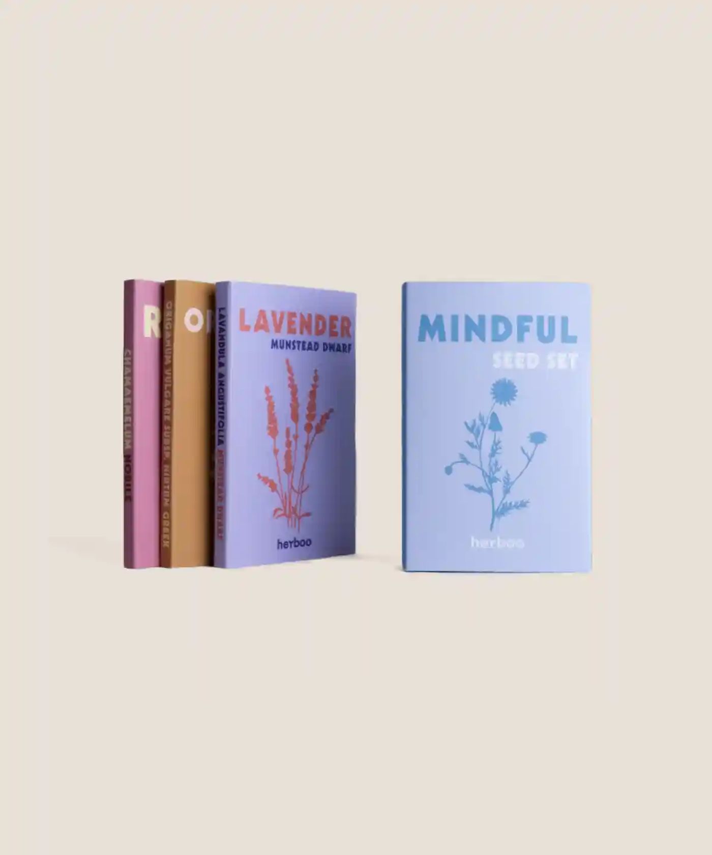 Herboo Mindful Seed Set with all packets displayed together, featuring calming herb illustrations.