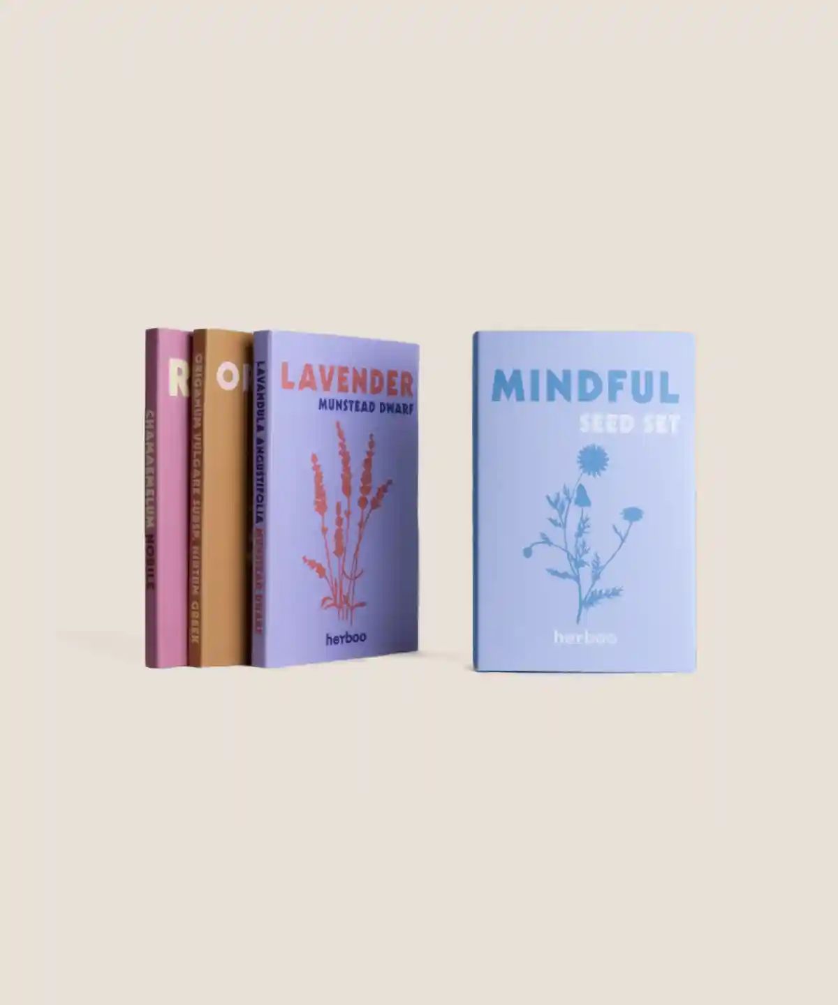 Herboo Mindful Seed Set with all packets displayed together, featuring calming herb illustrations.