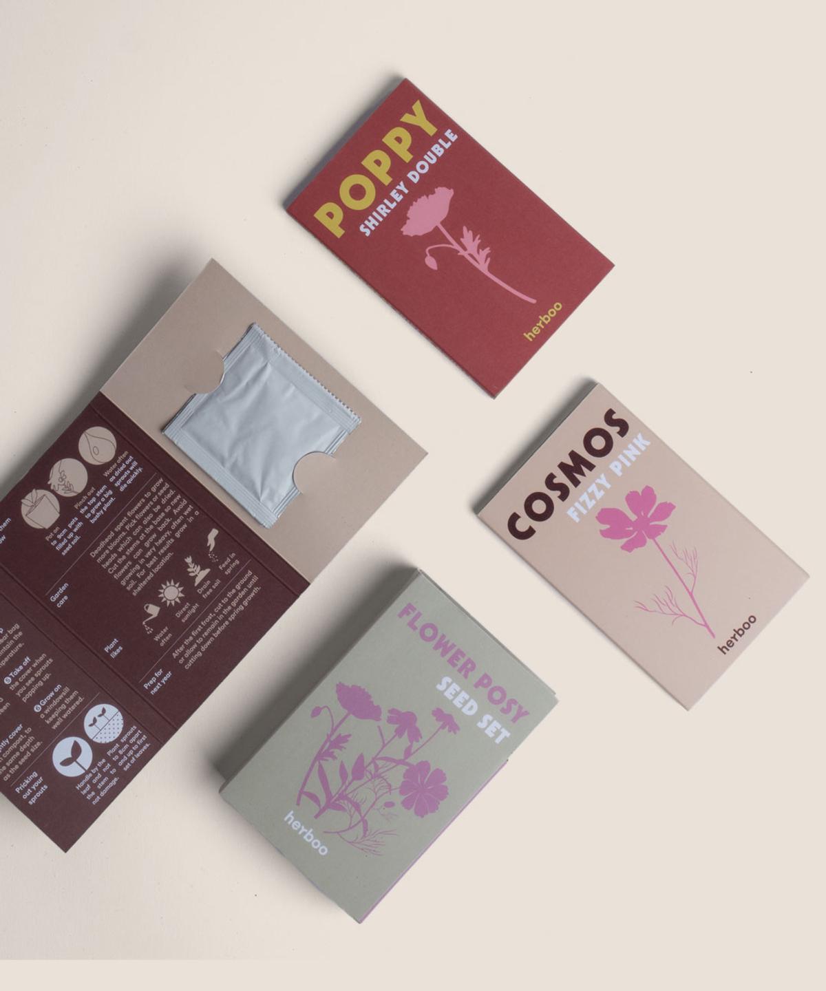 Flatlay of Flower Posy Seed Set with Poppy Shirley Double, Cosmos Fizzy Pink and Rudbeckia Goldsturm