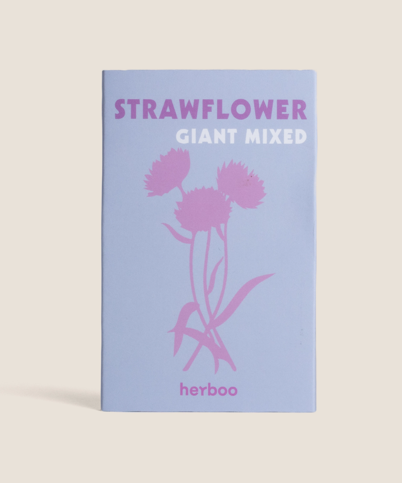 Herboo Strawflower 'Giant Mixed' seed packet in pale lilac.