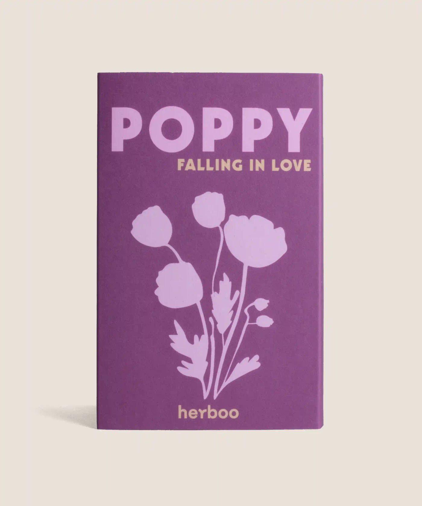 Herboo Poppy 'Falling in Love' seed packet in deep purple.