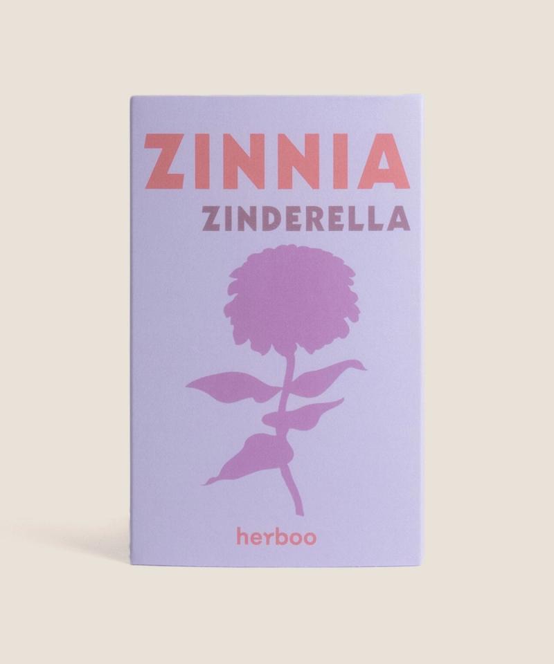 Herboo Zinnia ‘Zinderella Lilac’ (Zinnia elegans) seed packet featuring lilac pompom-centre blooms and cut-flower artwork.