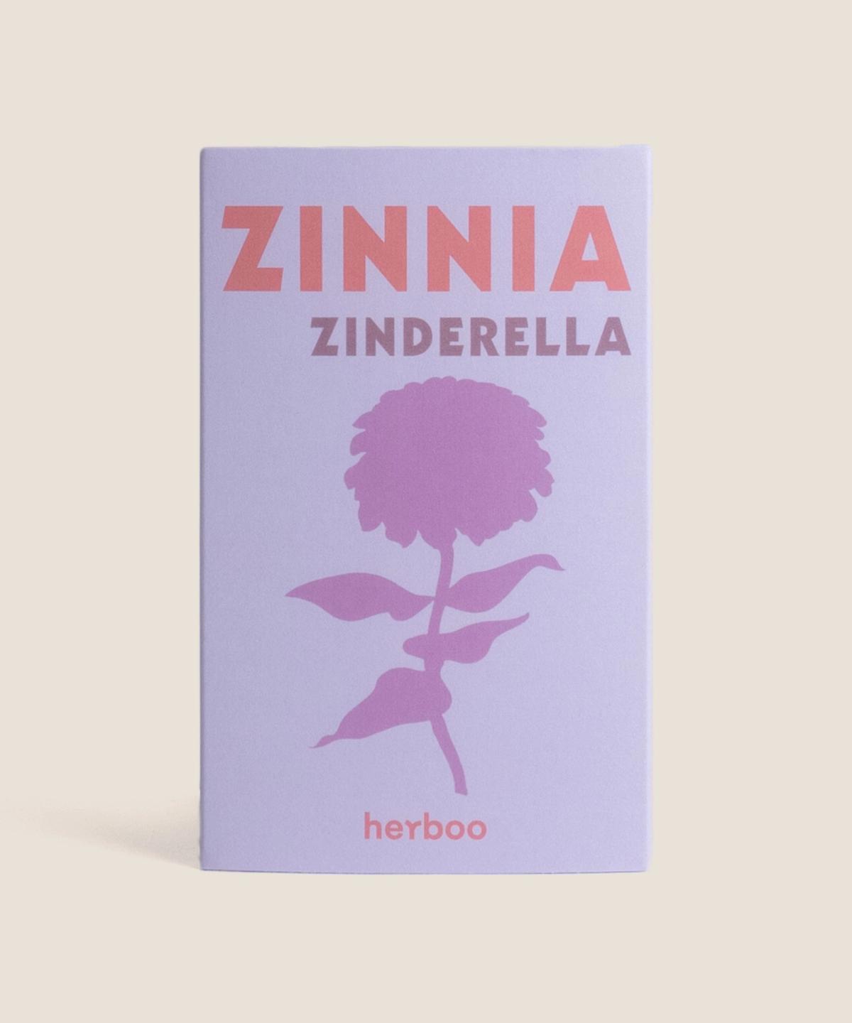 Herboo Zinnia ‘Zinderella Lilac’ (Zinnia elegans) seed packet featuring lilac pompom-centre blooms and cut-flower artwork.