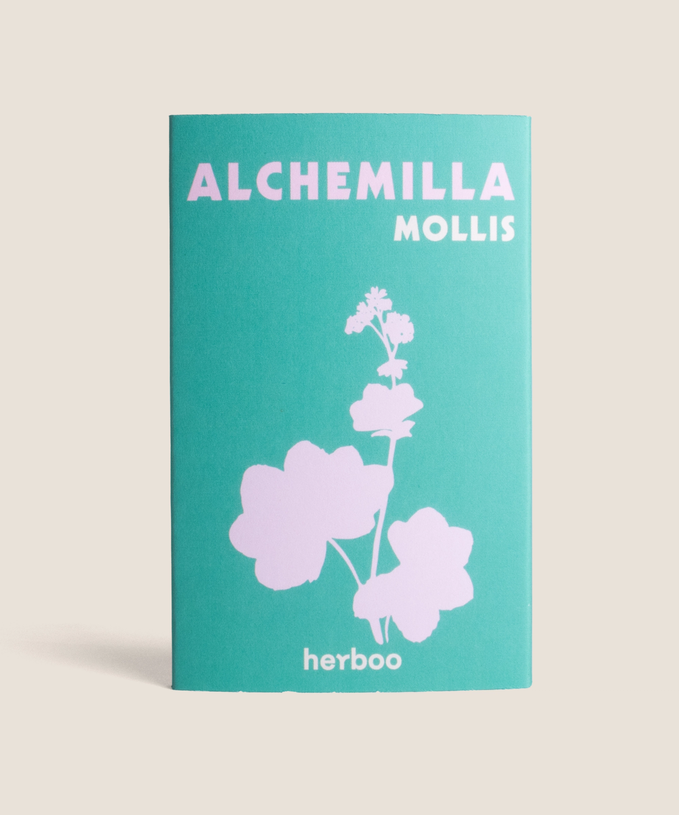 Herboo Alchemilla Mollis (Lady’s Mantle) seed packet showing soft scalloped foliage and acid-green flower illustration in cottage-garden style.