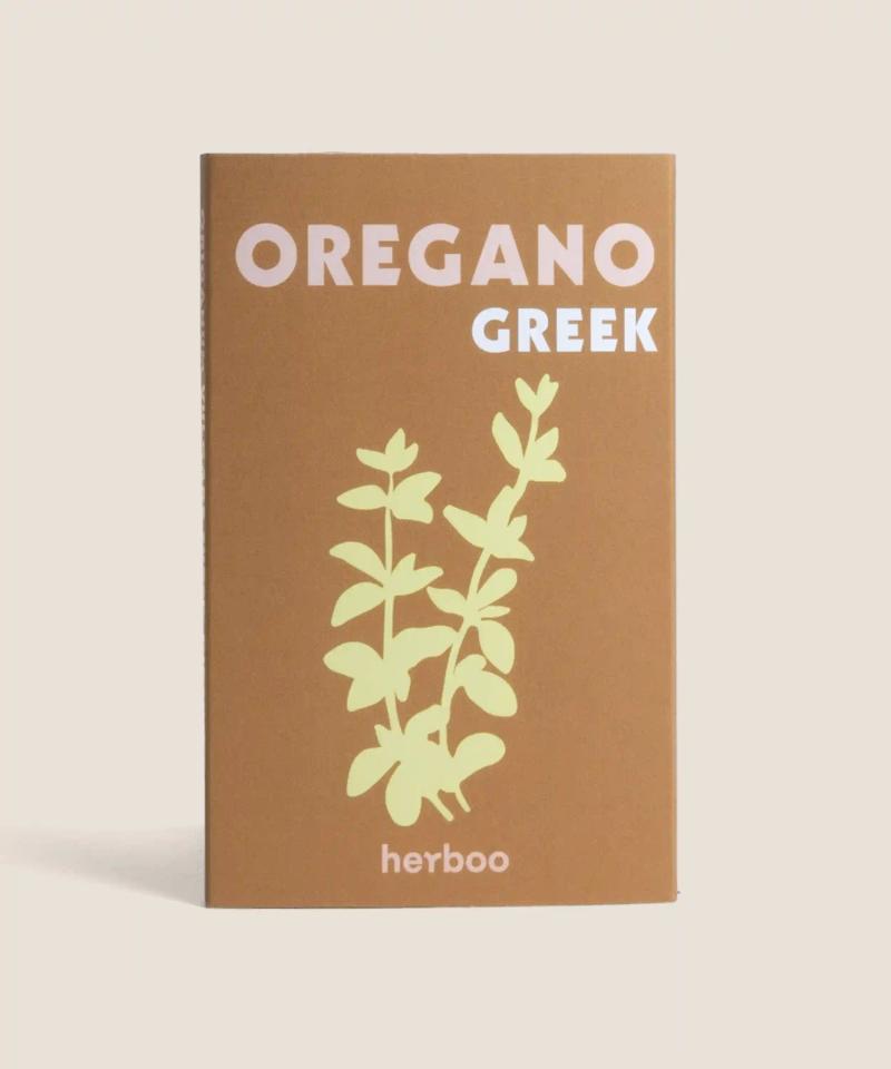 Greek oregano seed packet front showing Origanum vulgare subsp. hirtum, a Mediterranean culinary herb