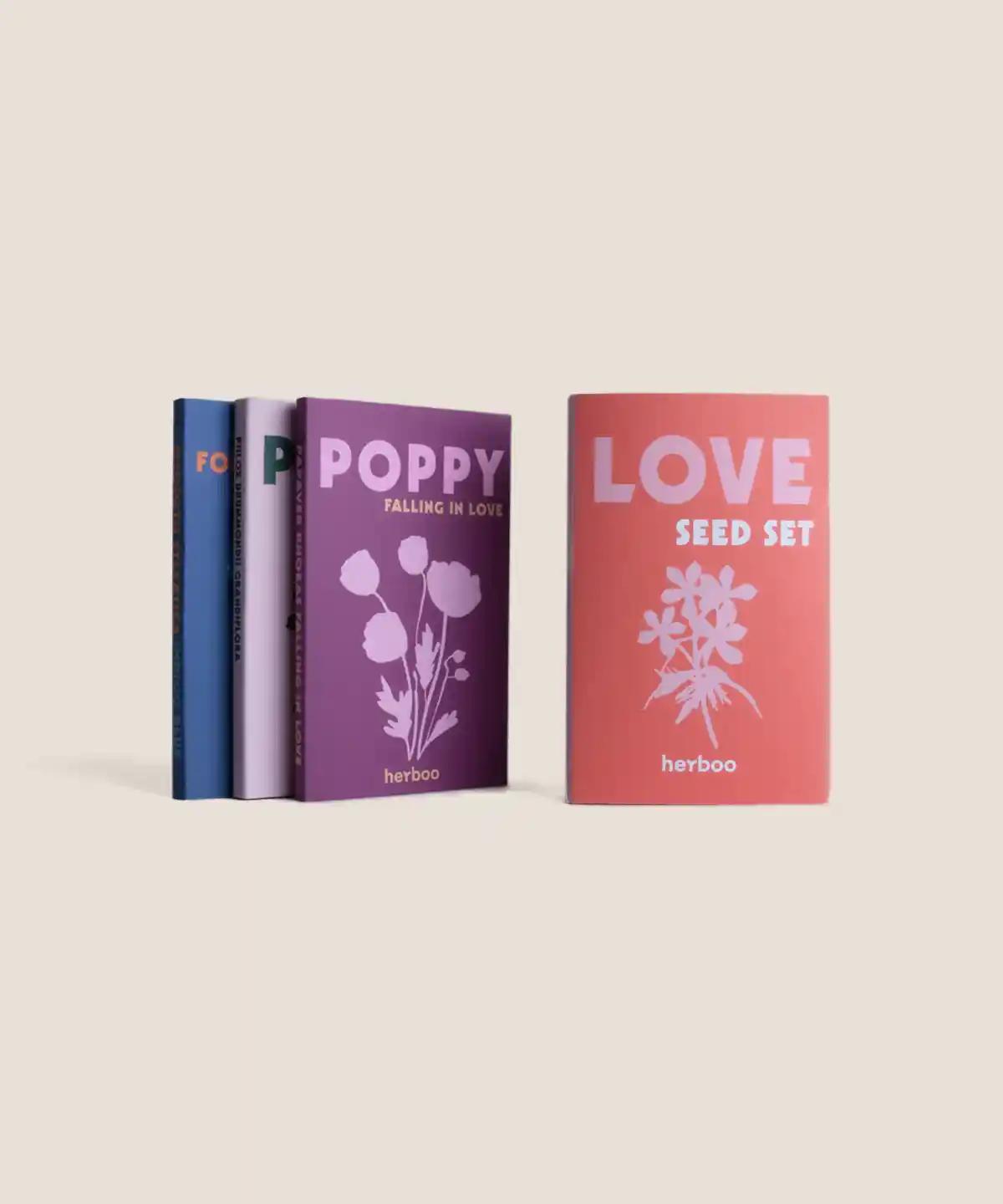 Herboo Love Seed Set with all packets displayed together, featuring romantic pastel-toned flower illustrations.
