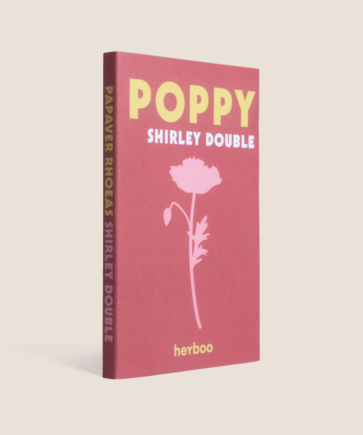 Side profile of Herboo Poppy ‘Shirley Double’ seed packet showing packaging thickness and edges.