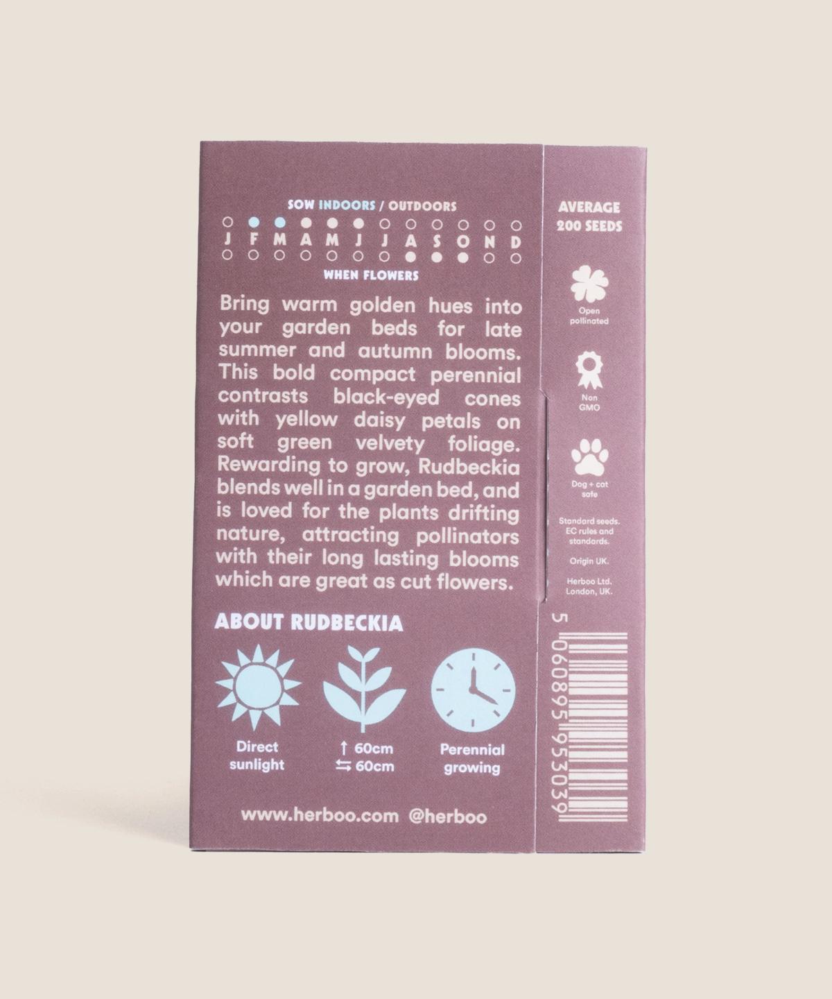 Back of Herboo Rudbeckia Goldsturm seed packet displaying sowing, spacing and aftercare details