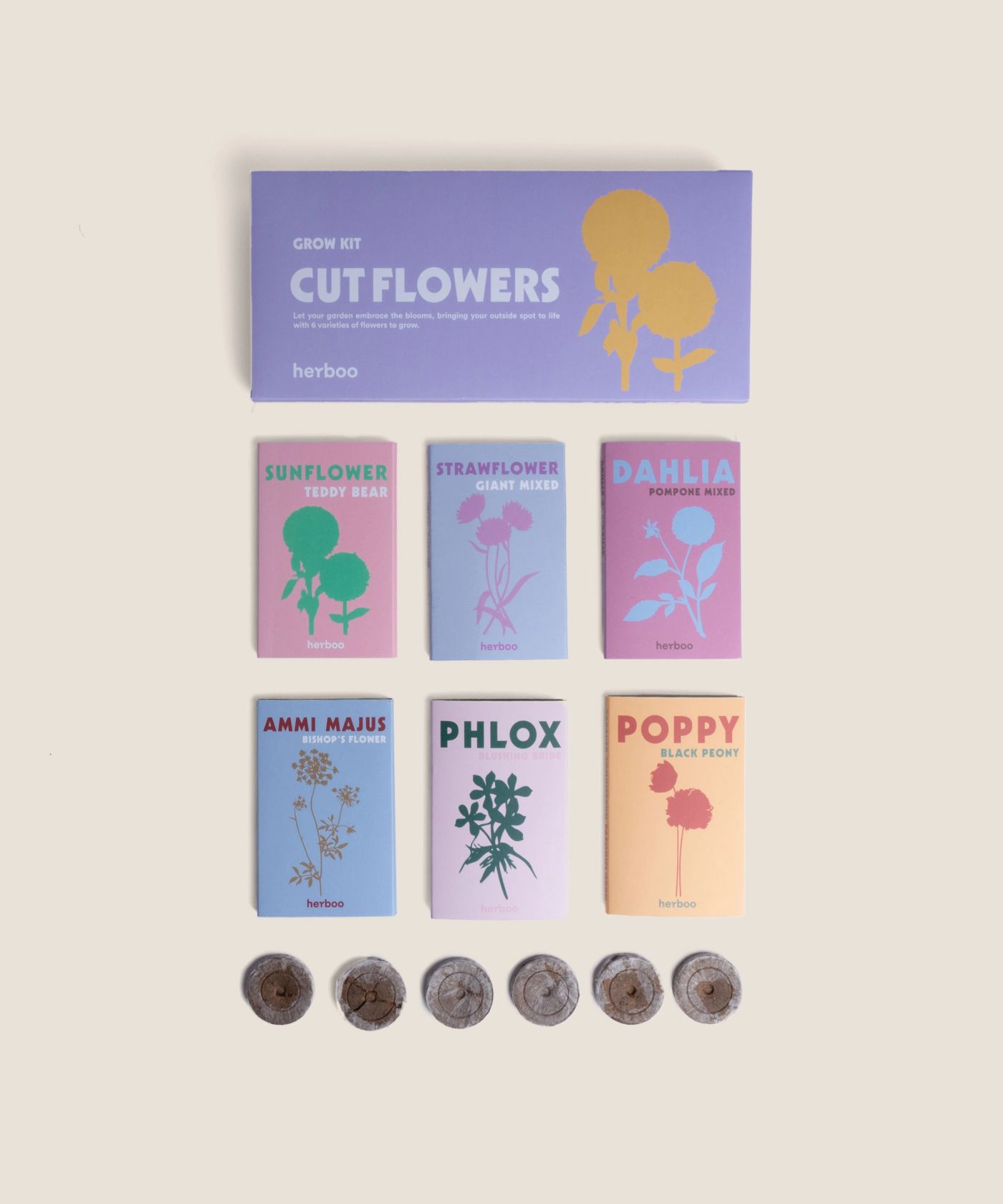 Cut Flowers Garden Seed Box seed packets and soil discs laid out for planting.