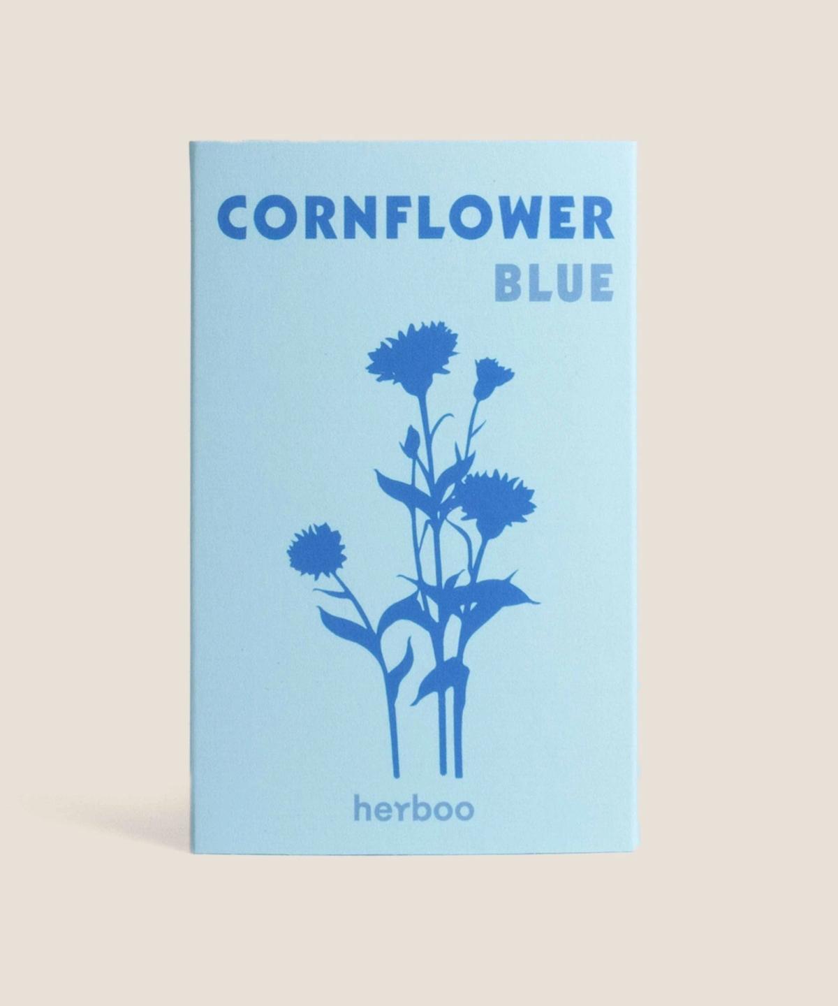 Herboo Cornflower seed packet with vibrant wildflower illustration on a clean background