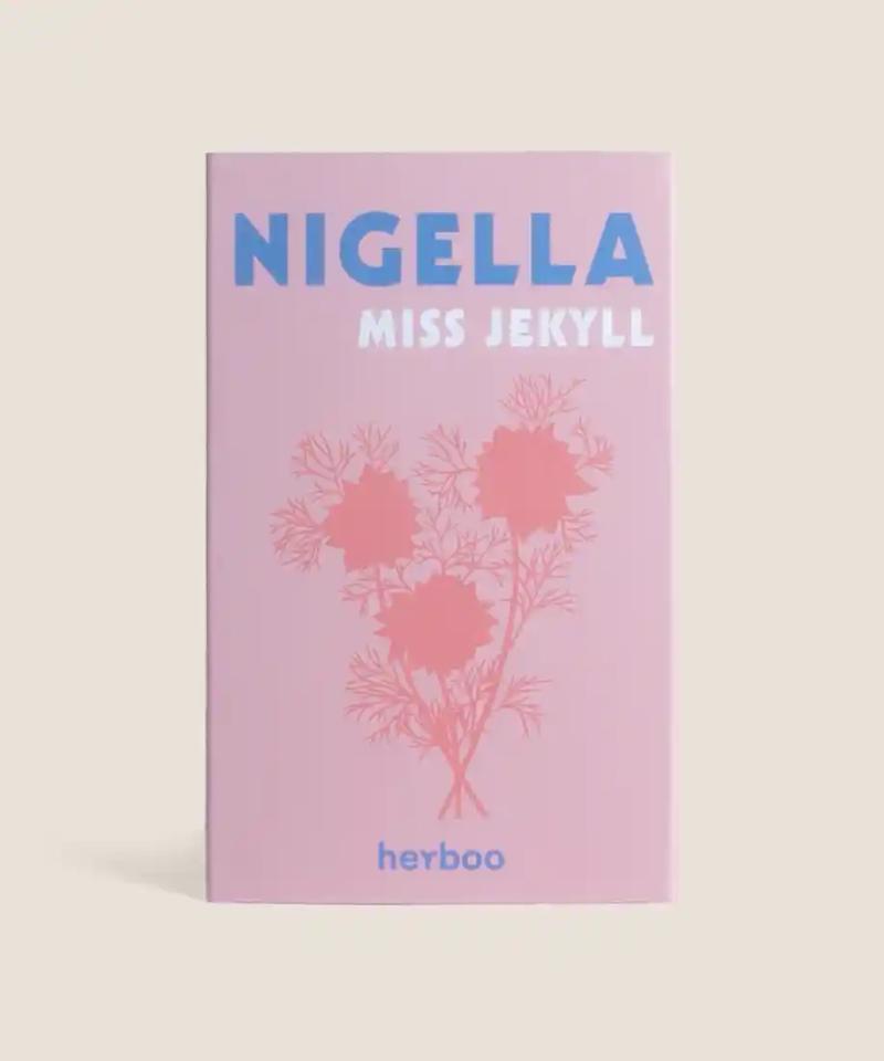Nigella ‘Miss Jekyll’ (Nigella damascena) seed packet front – love-in-a-mist flowers
