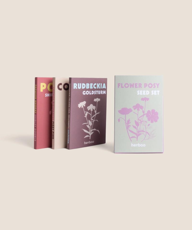 Flower Posy Seed Set box with all three cut flower seed packets arranged together