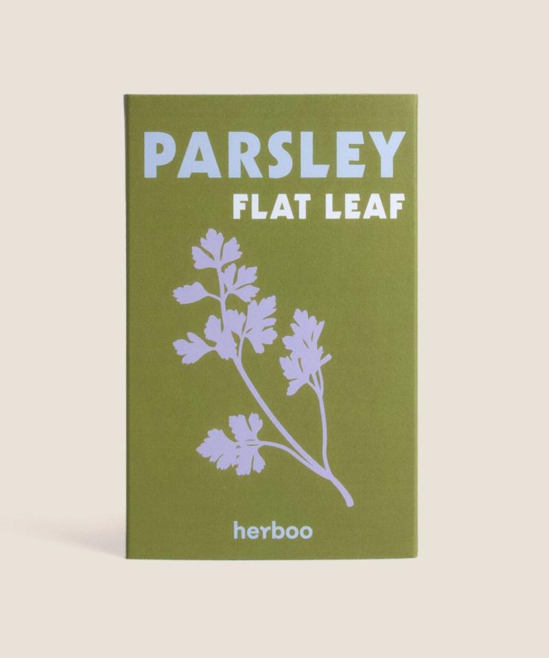 Flat-leaf parsley seed packet front showing illustrated parsley leaves Petroselinum crispum