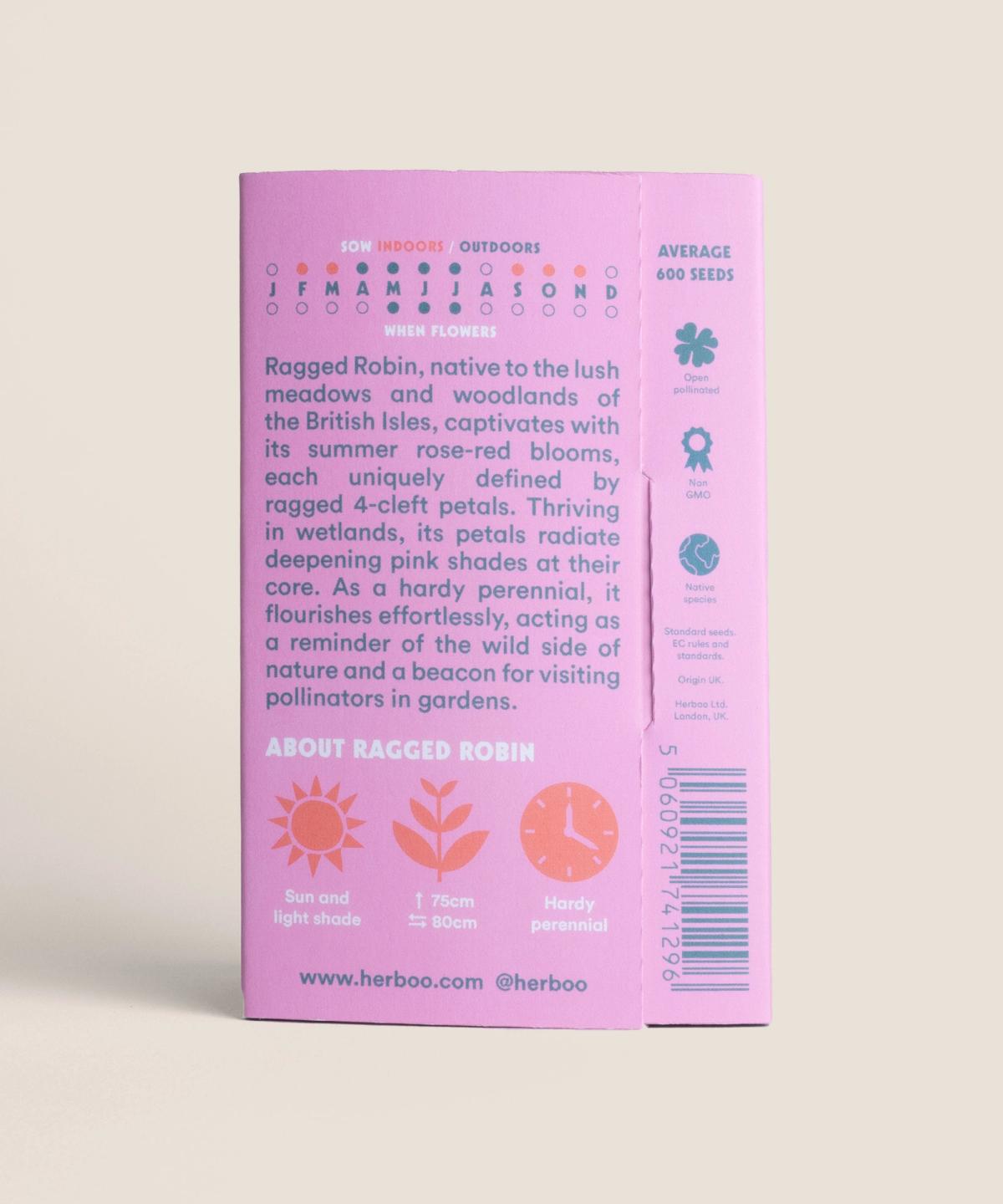 Back of Herboo Ragged Robin seed packet showing sowing and care instructions