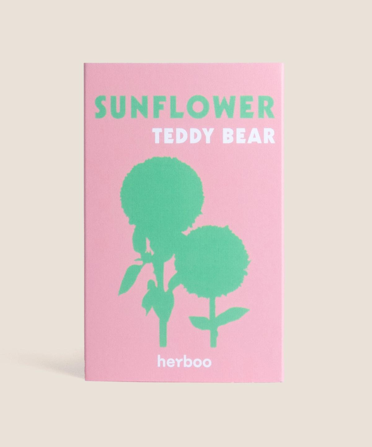 Herboo Teddy Bear Sunflower Seeds packet with illustrated fluffy golden sunflower blooms.”