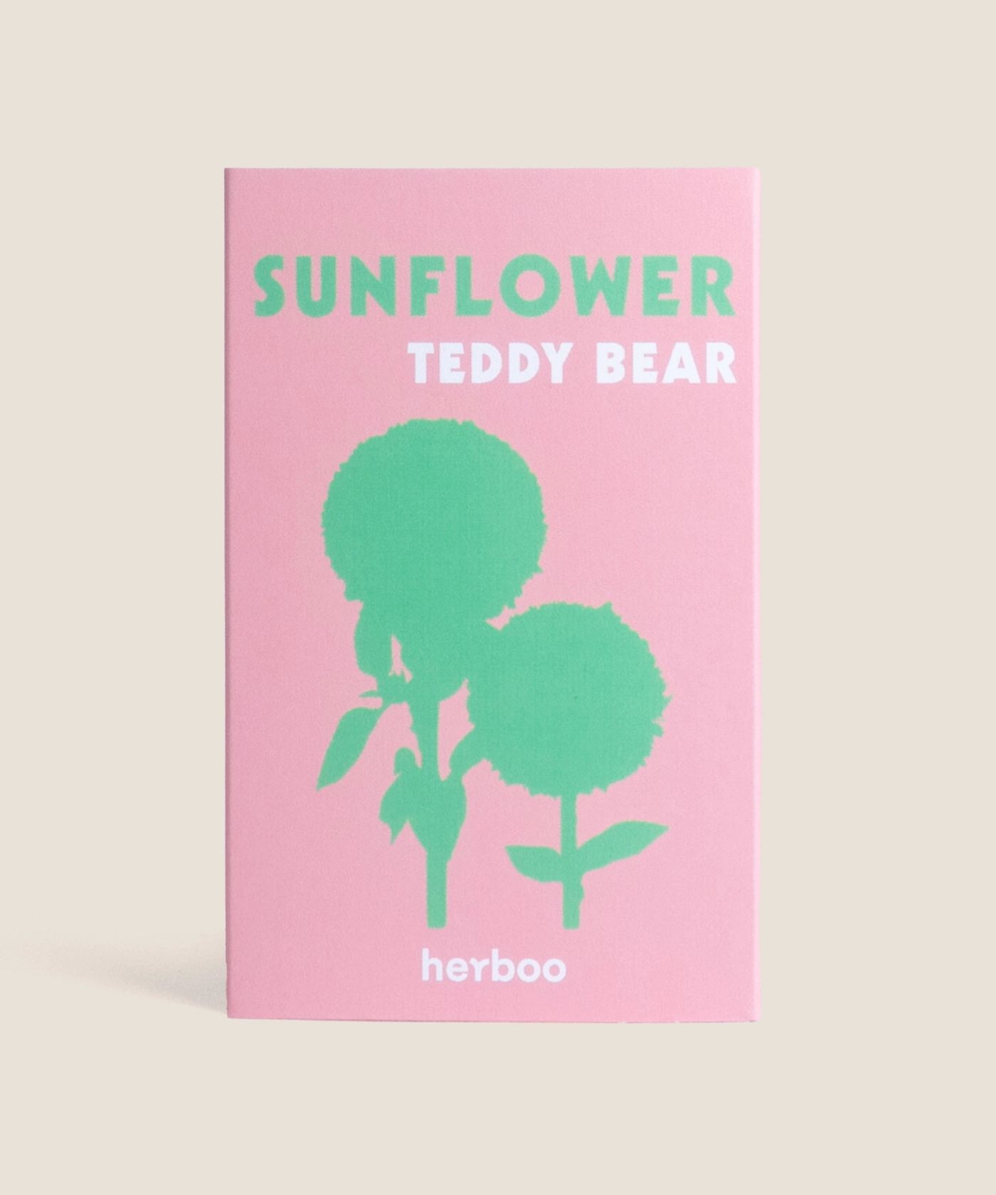 Herboo Teddy Bear sunflower seed packet with illustrated fluffy double golden blooms