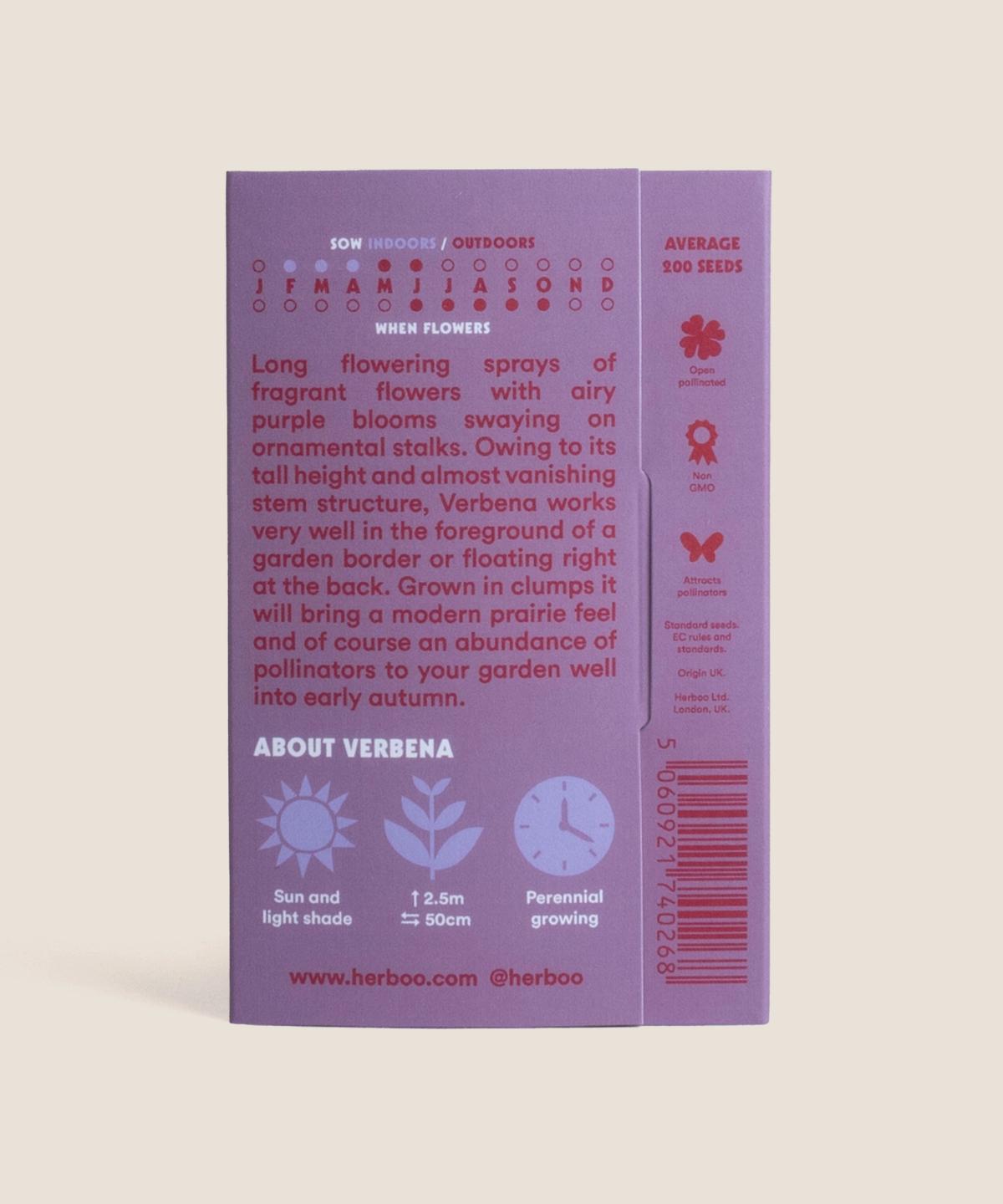 Back of Verbena bonariensis seed packet displaying sowing, growing and aftercare details.