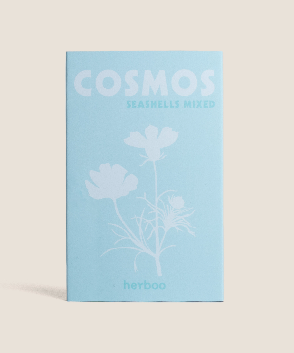Herboo Cosmos ‘Seashells Mixed’ seed packet showing pastel fluted cosmos illustration on plain background