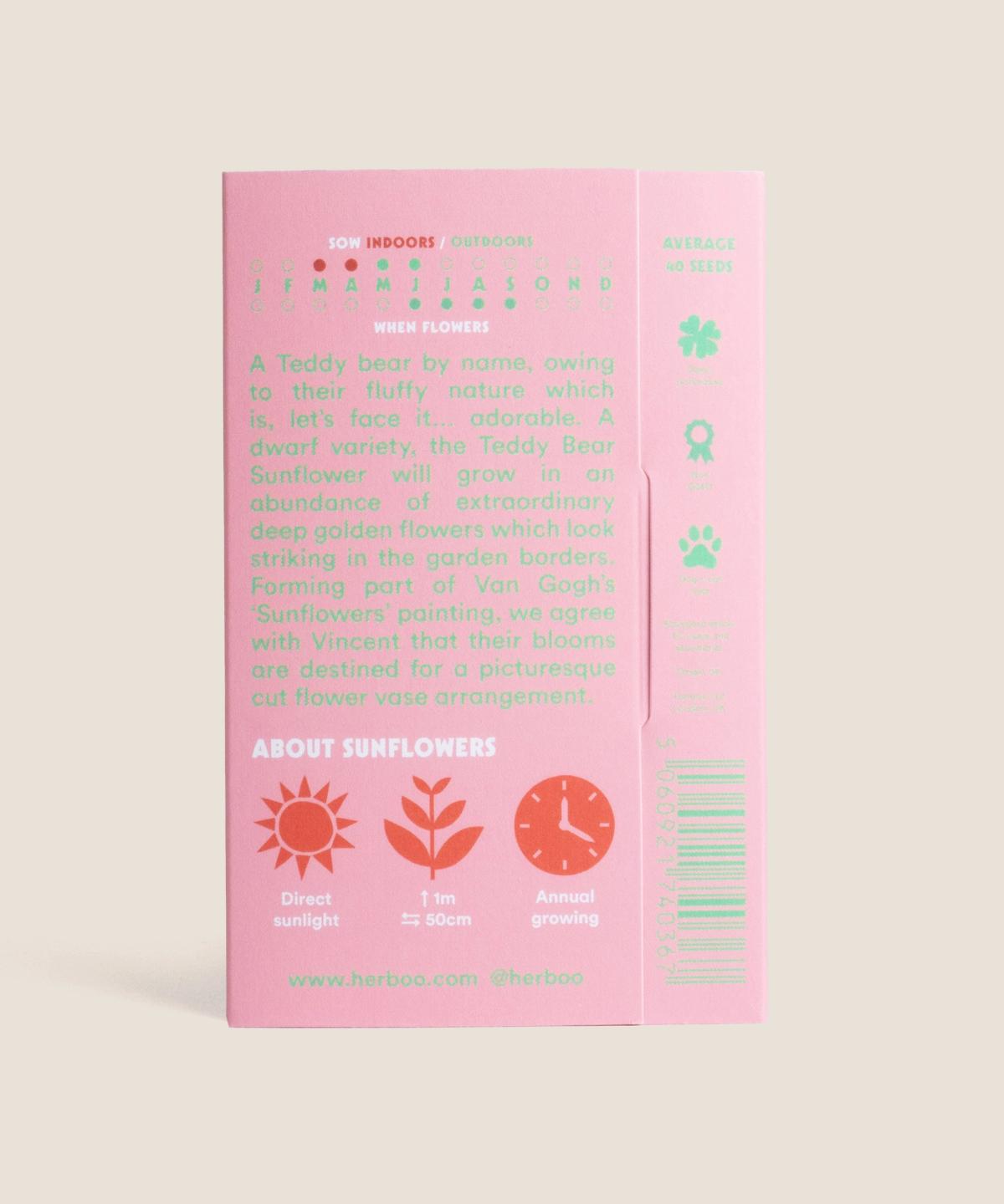 Back of Teddy Bear Sunflower Seeds packet with sowing and growing instructions.