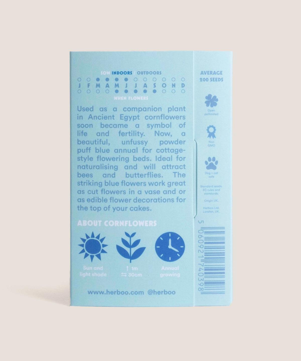 Back of Herboo Cornflower seed packet showing sowing and care information