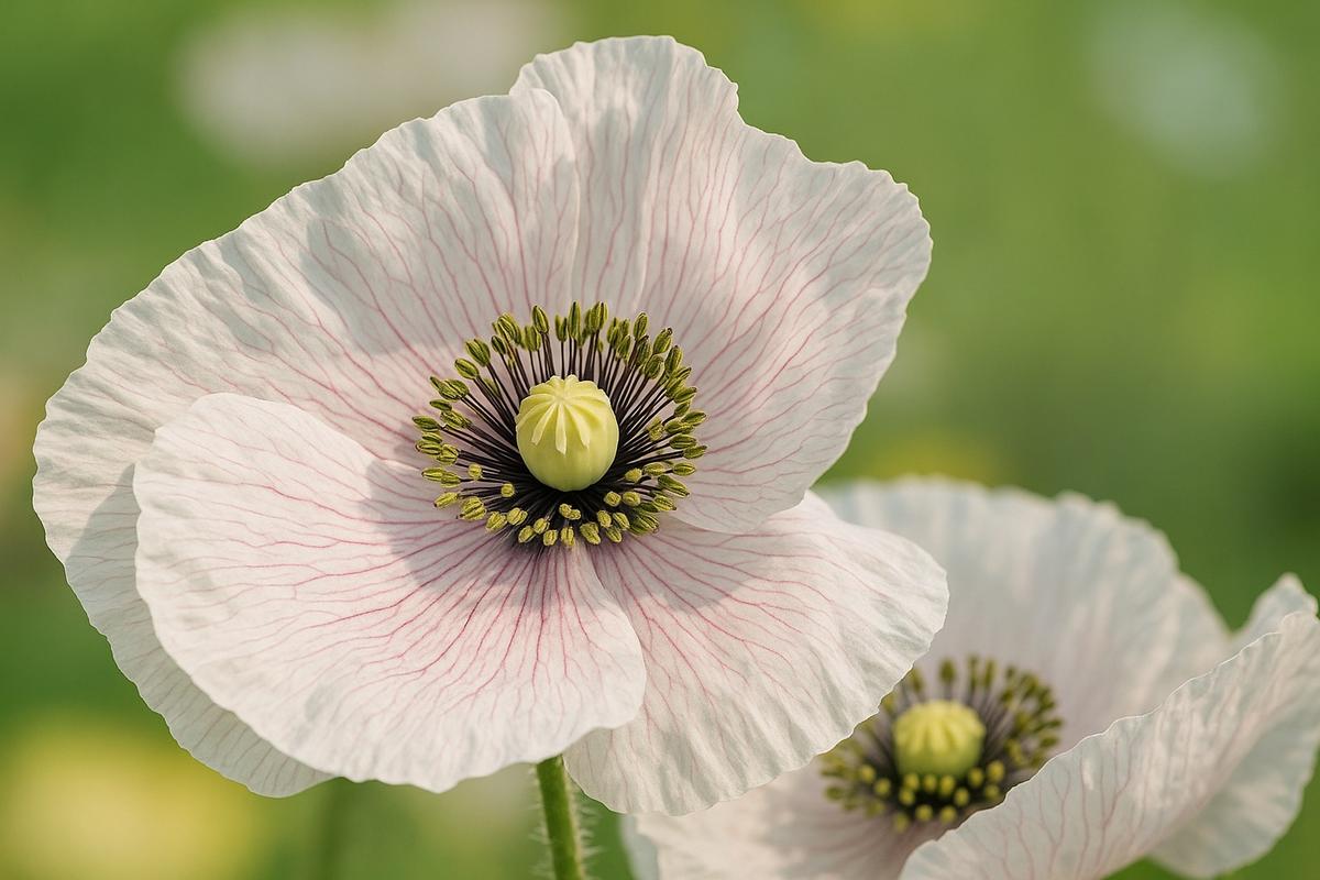 Ruffled pink, red and white blooms of Papaver rhoeas ‘Falling in Love’, petals unfolding in layered, romantic tones.