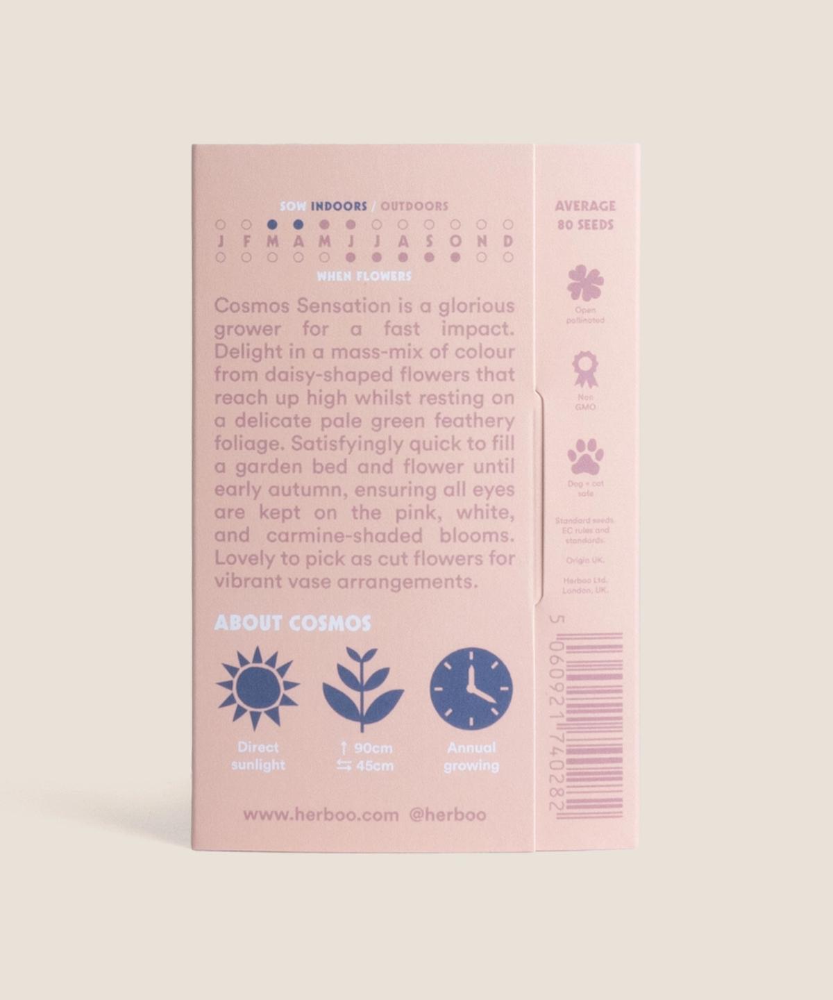 Back of Herboo Cosmos ‘Sensation’ seed packet with printed sowing instructions and product information.