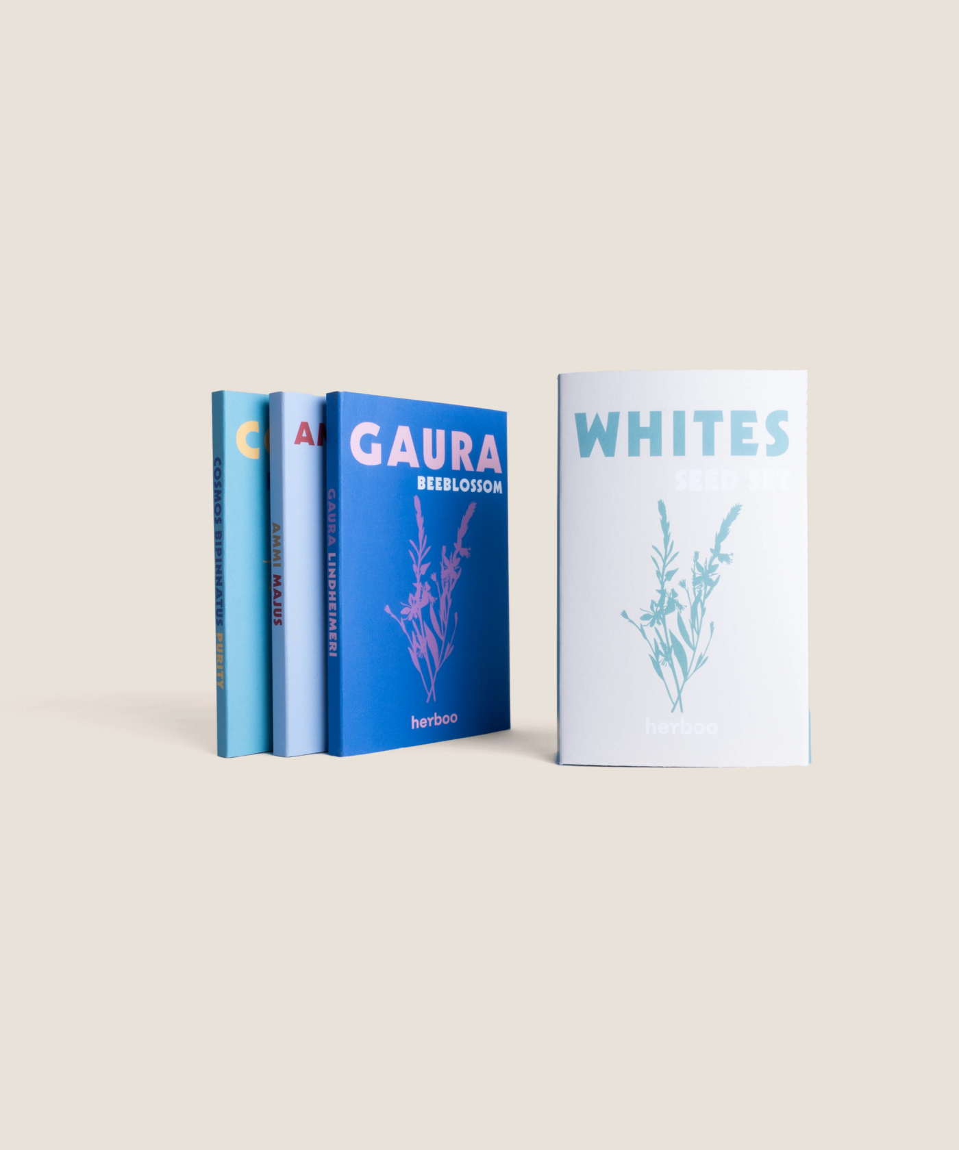 Herboo White Bloom Seed Set with all packets displayed together, featuring botanical-style white flower illustrations.