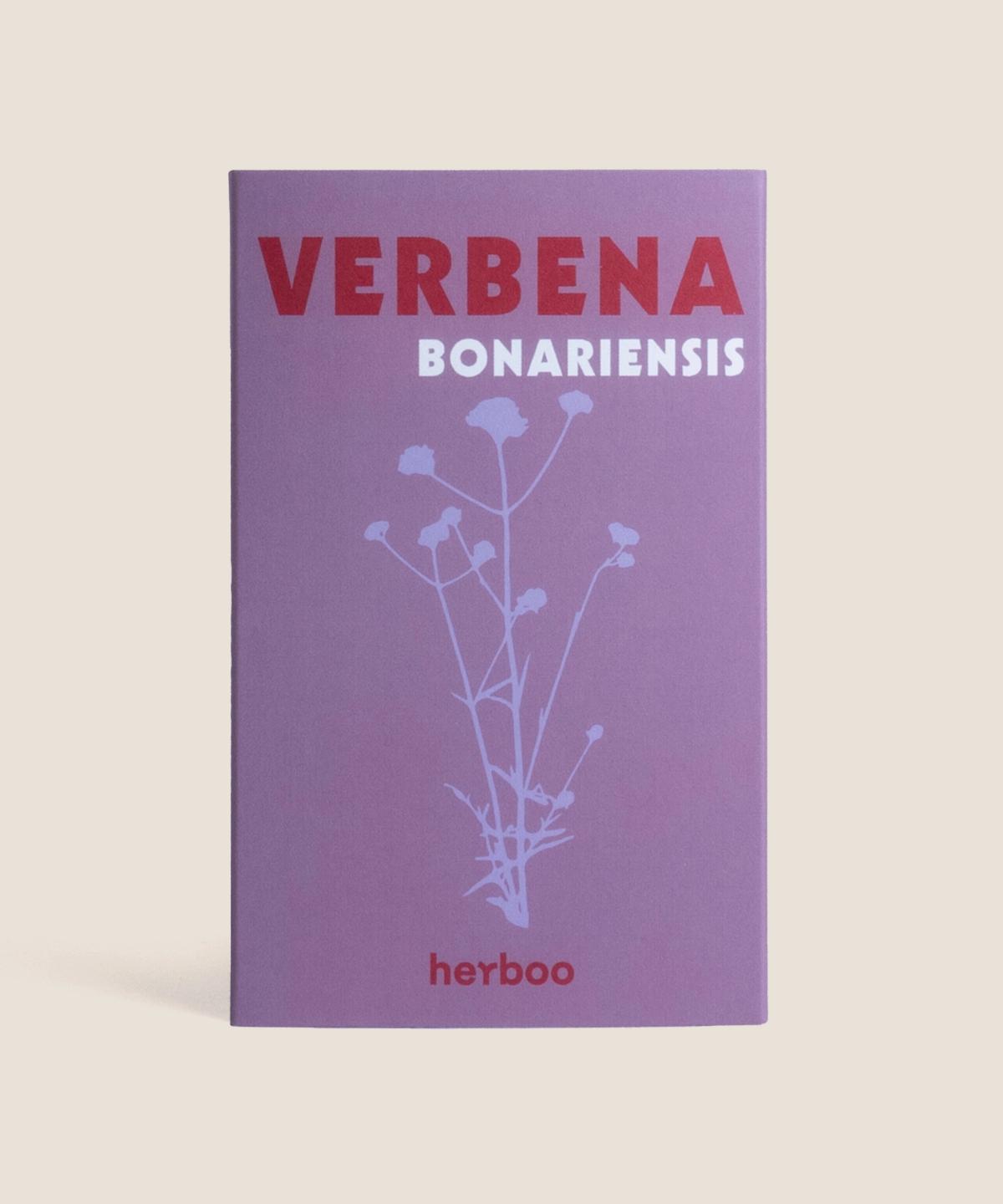 Herboo Verbena bonariensis seed packet showing tall airy purple flower illustration.