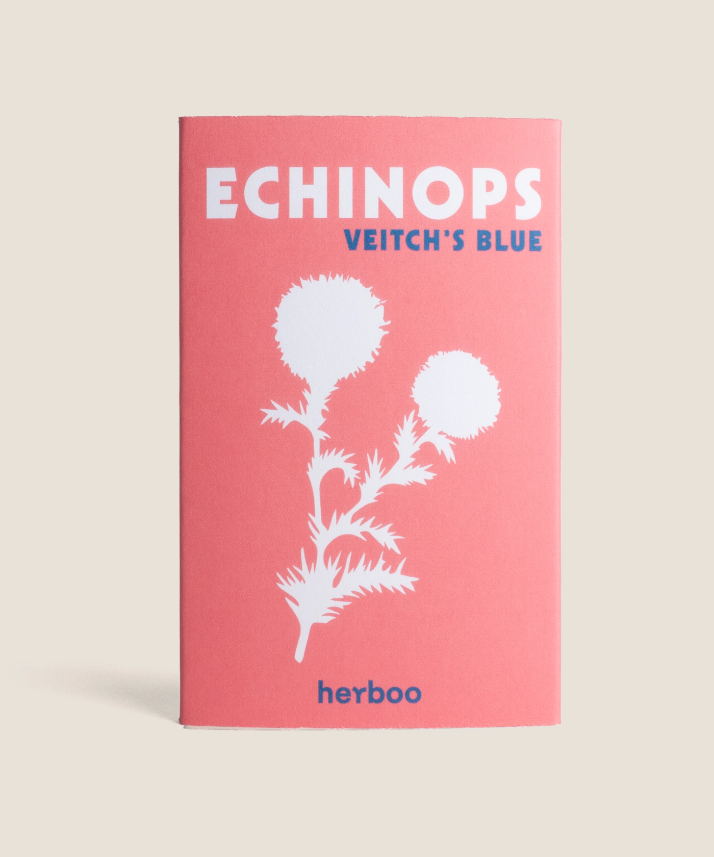 Herboo Echinops 'Veitch's Blue' seed packet in coral.