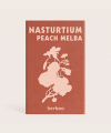 Nasturtium Peach Melba seed packet with soft cream and peach flower illustration