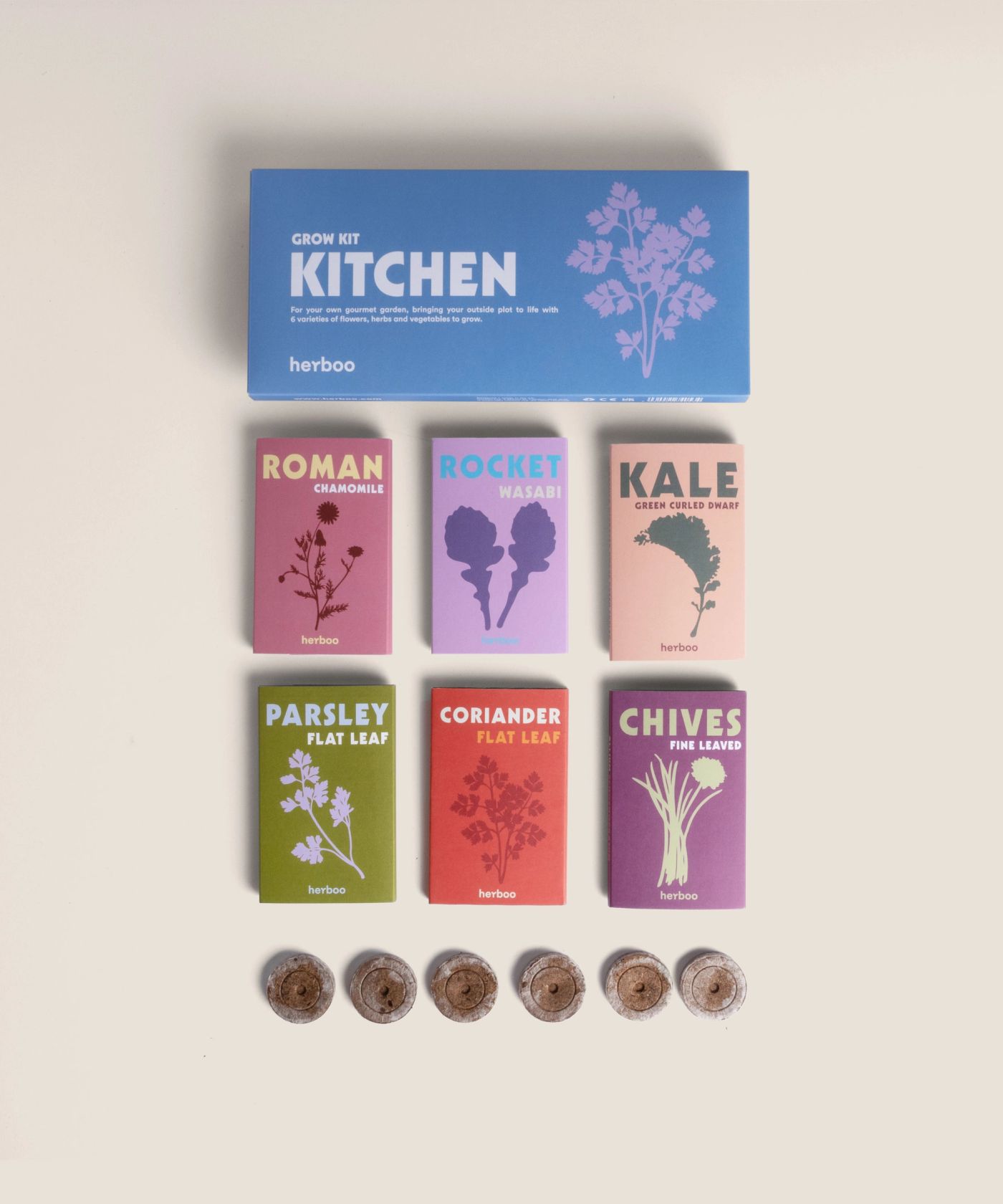 Kitchen Garden Seed Box flat lay with herb seed packets and soil discs